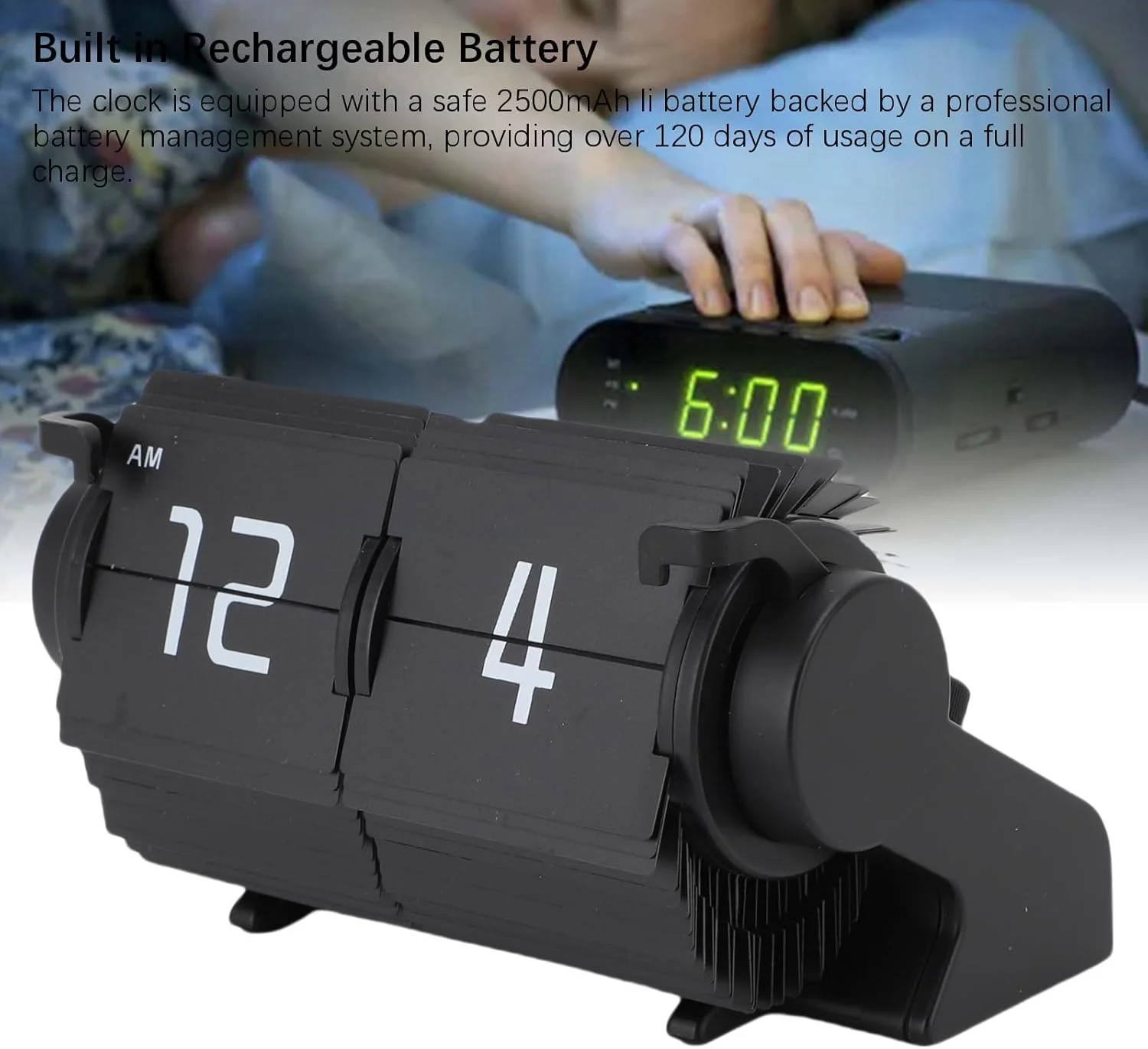 ساعت فلیپ رترو، تقویم فلیپ اتوماتیک فانتزی 2400mAh با اعداد بزرگ، ساعت رومیزی مکانیکی عتیقه با باتری و 4 حالت قابل تنظیم برای دفتر کار، اتاق خواب، اتاق نشیمن (مشکی)
