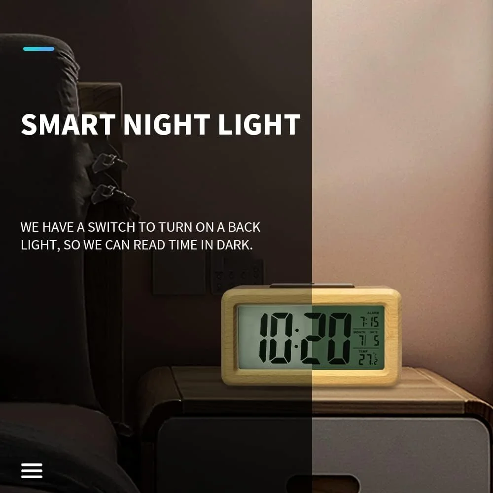 ساعت زنگ دار دیجیتال چوبی Coodiikaka، نمایشگر LED بزرگ، نمایش 12/24 ساعته، چراغ شب حسگر هوشمند، تاریخ، چرت زدن و دما، با باتری کار می کند، ساعت زنگ دار کنار تخت برای اتاق خواب، برای دفتر