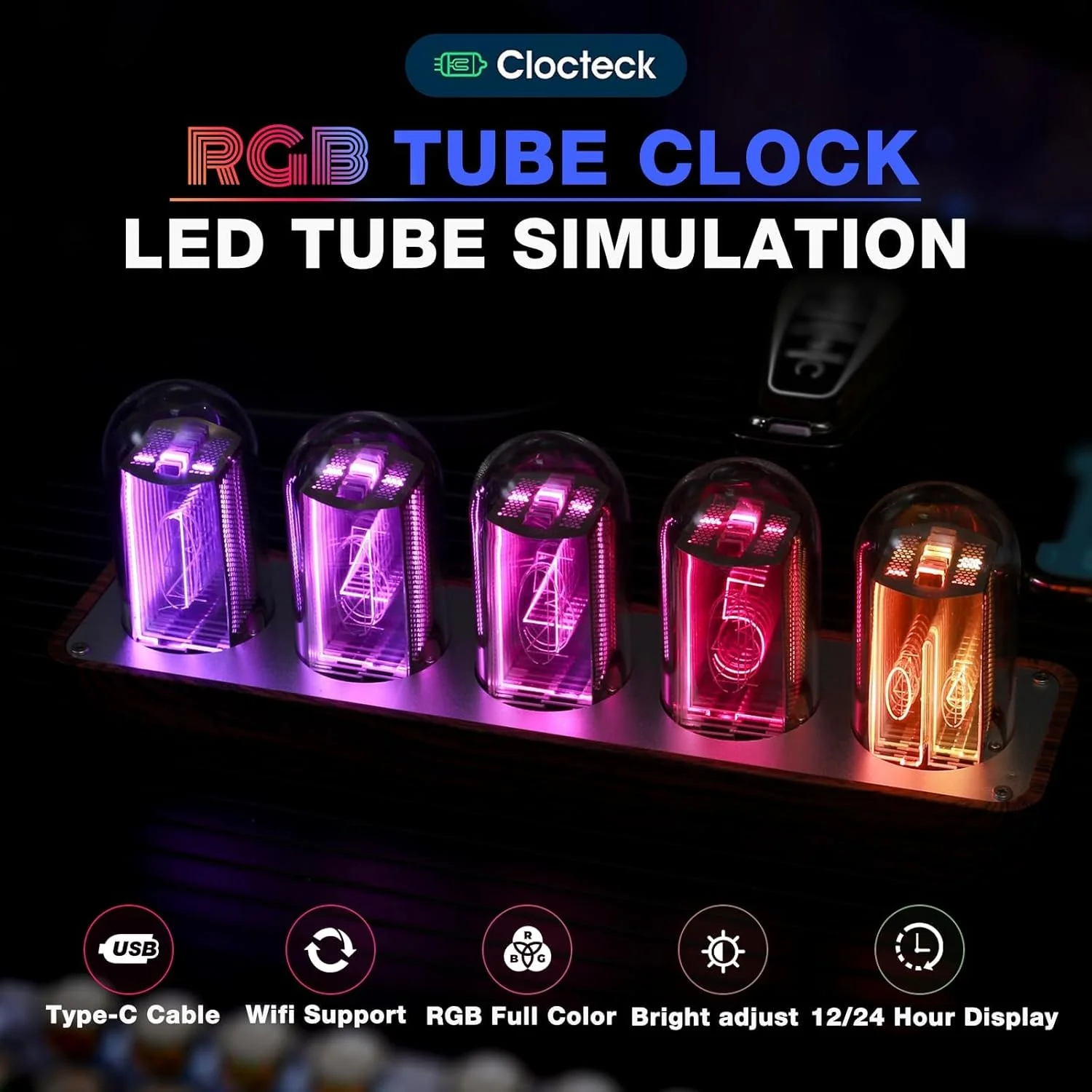 ساعت رومیزی دیجیتال چوبی ClocTeck Nixie Tube برای اتاق خواب، پشتیبانی از کالیبراسیون زمان Wi-Fi، زنگ هشدار، نمایش 12/24 ساعته، بدون نیاز به مونتاژ - یک هدیه رترو برای تزئین میز و اتاق خواب شما