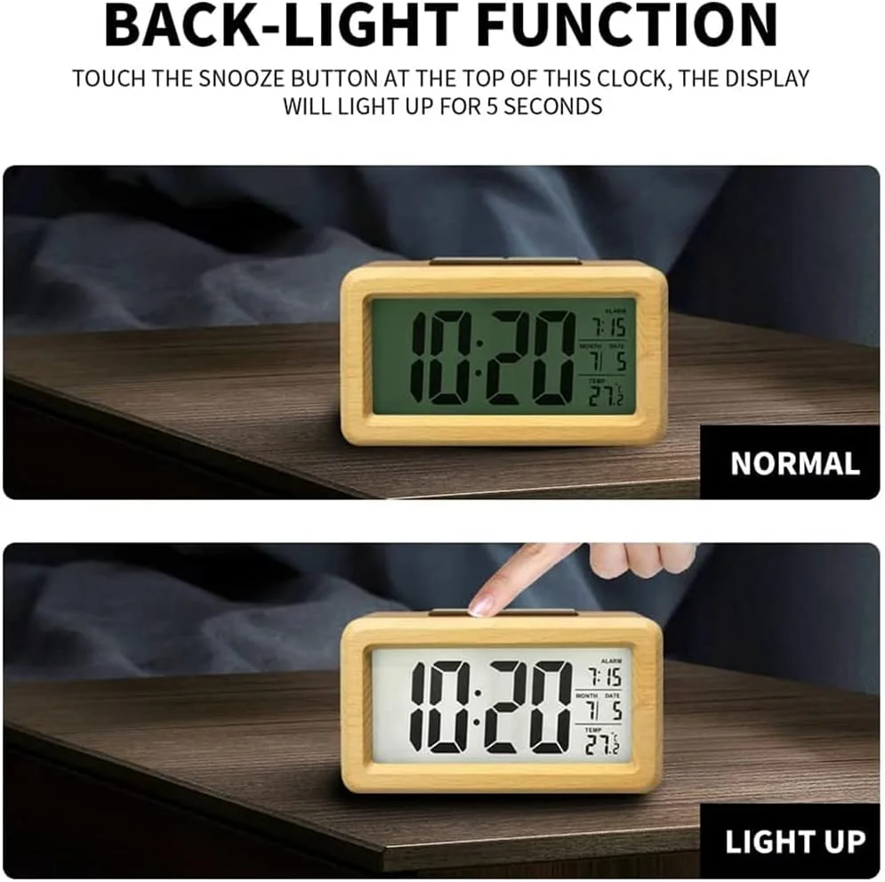ساعت زنگ دار دیجیتال چوبی Coodiikaka، نمایشگر LED بزرگ، نمایش 12/24 ساعته، چراغ شب حسگر هوشمند، تاریخ، چرت زدن و دما، با باتری کار می کند، ساعت زنگ دار کنار تخت برای اتاق خواب، برای دفتر