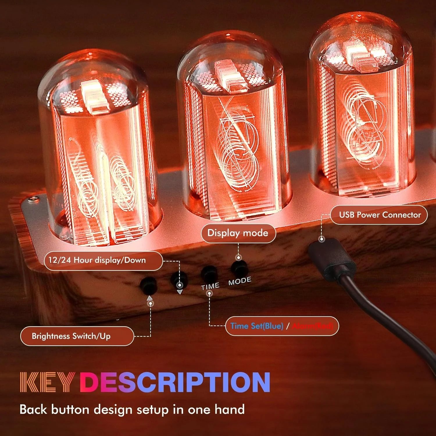 ساعت رومیزی دیجیتال چوبی ClocTeck Nixie Tube برای اتاق خواب، پشتیبانی از کالیبراسیون زمان Wi-Fi، زنگ هشدار، نمایش 12/24 ساعته، بدون نیاز به مونتاژ - یک هدیه رترو برای تزئین میز و اتاق خواب شما