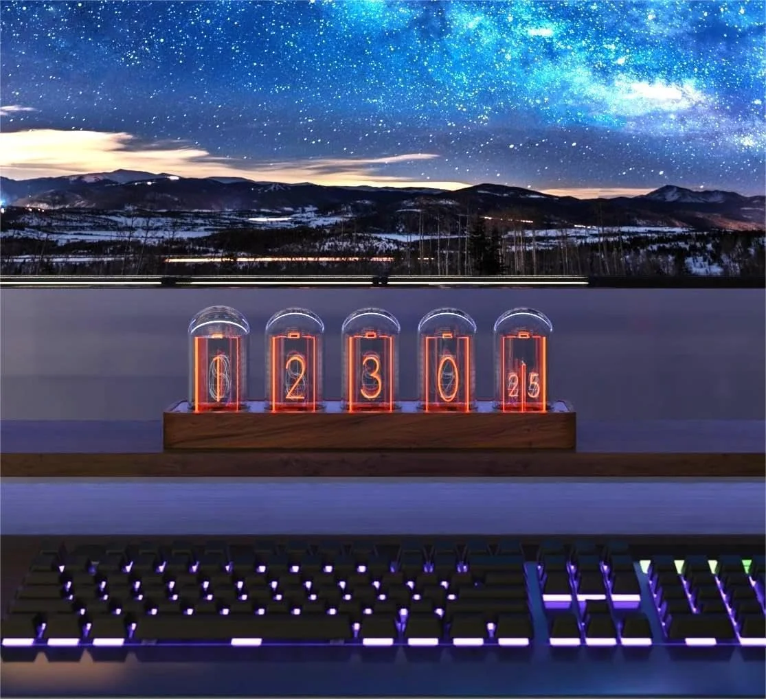 ساعت رومیزی دیجیتال چوبی ClocTeck Nixie Tube برای اتاق خواب، پشتیبانی از کالیبراسیون زمان Wi-Fi، زنگ هشدار، نمایش 12/24 ساعته، بدون نیاز به مونتاژ - یک هدیه رترو برای تزئین میز و اتاق خواب شما