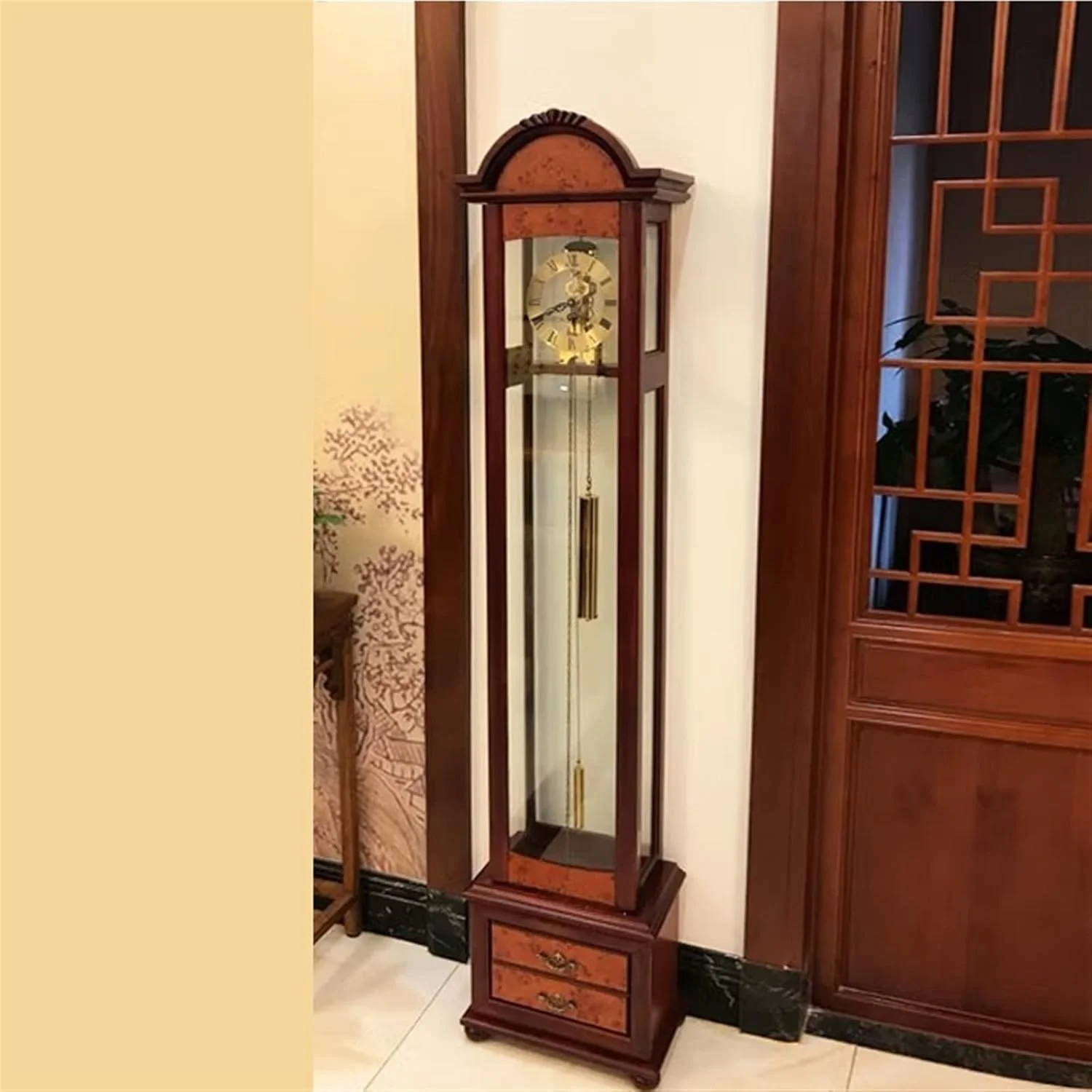 ساعت ایستاده چوبی مکانیکی Hhmmei2024-23 برای اتاق نشیمن، ساعت رومیزی بزرگ رترو، مینیمالیست مدرن عمودی، آونگ خلاقانه، ساعت زنگ دار نقطه های قهوه ای دکوراسیون منزل