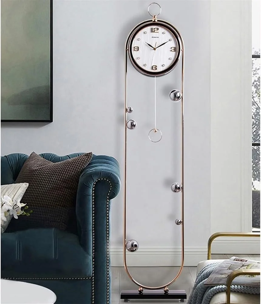 ساعت ایستاده Hhmmei2024-23، دکوراسیون مدرن منزل با روکش طلایی، دارای سبد ذخیره سازی، جا بطری، ساعت عمودی دکوراسیون منزل