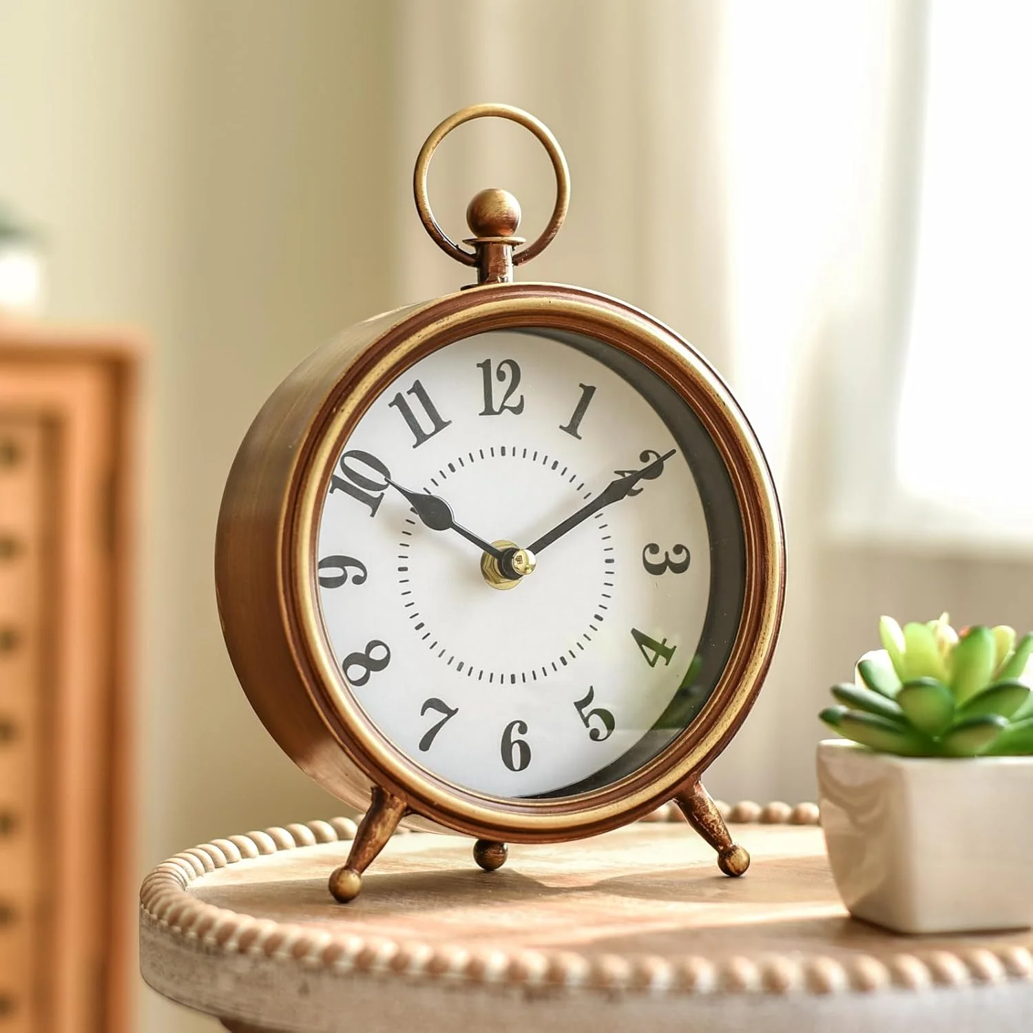 ساعت رومیزی کوچک EMAX HOME مدل Vintage، ساعت تزئینی برای میز و قفسه، ساعت بدون صدا با قاب فلزی روستیک و روکش طلایی عتیقه، 9.3 اینچ