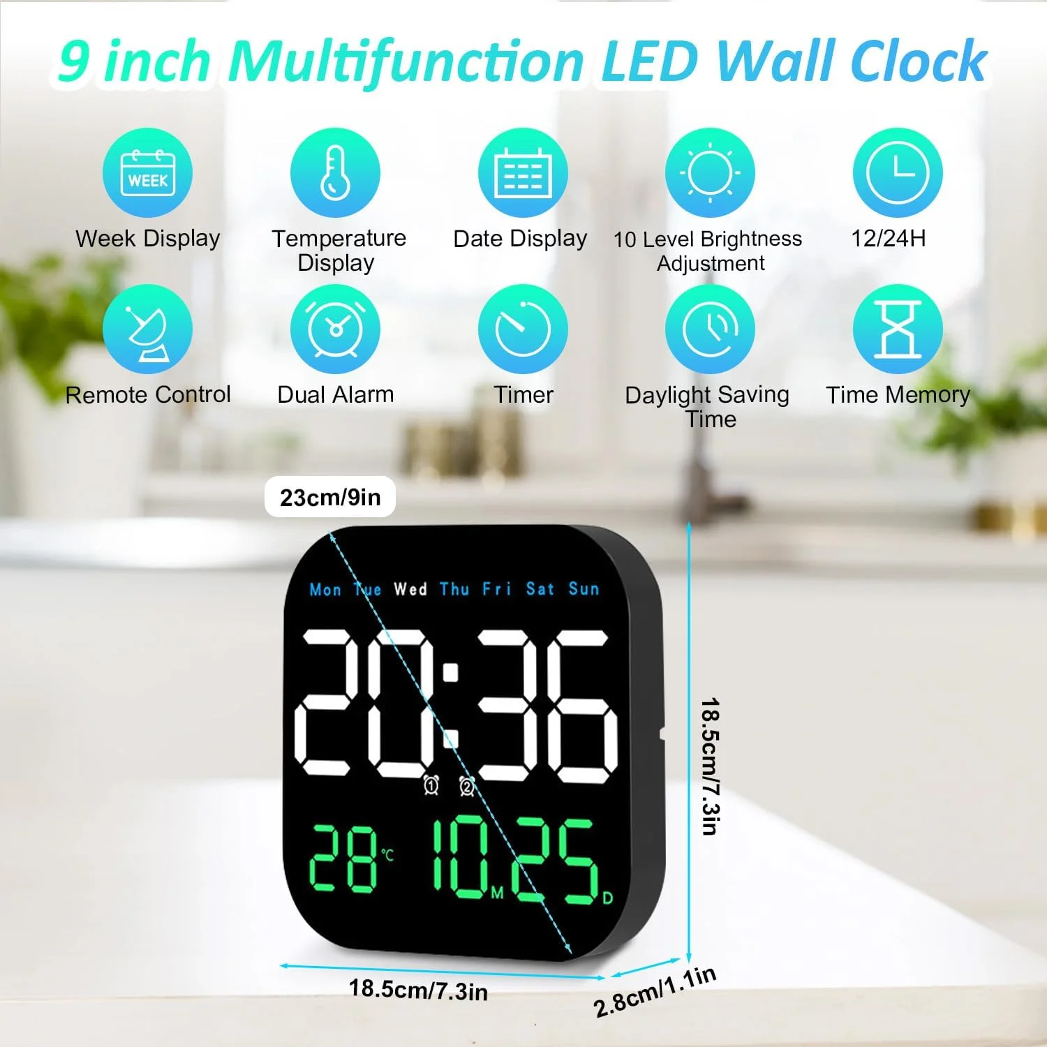 ساعت دیواری دیجیتال Necomi، ساعت دیجیتال LED 9 اینچی با کنترل از راه دور برای دکوراسیون اتاق نشیمن، هفته/تاریخ/دما در 3 رنگ، روشنایی خودکار، ایستاده و آویزان ساعت دیواری دیجیتال Necomi، ساعت دیجیتال LED 9 اینچی با کنترل از راه دور برای دکوراسیون اتاق نشیمن، هفته/تاریخ/دما در 3 رنگ، روشنایی خودکار، ایستاده و آویزان