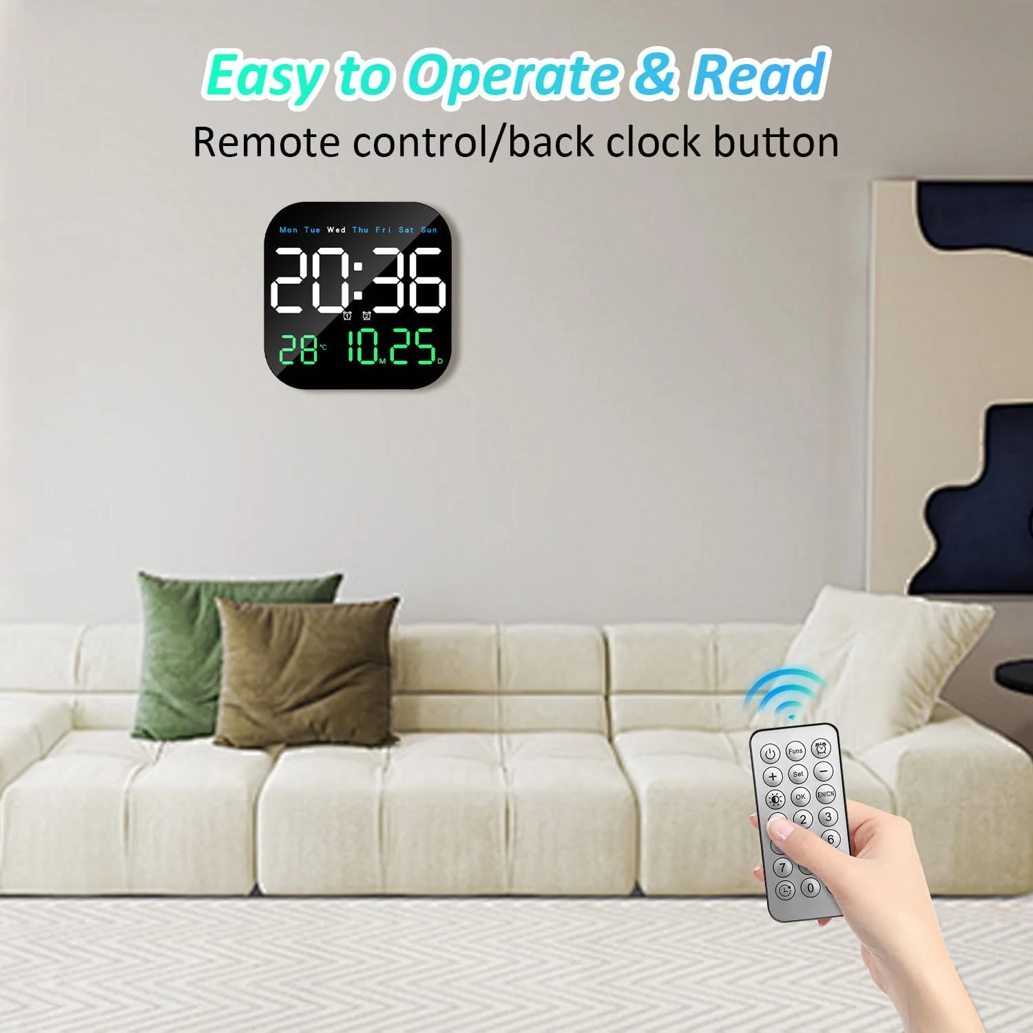 ساعت دیواری دیجیتال Necomi، ساعت دیجیتال LED 9 اینچی با کنترل از راه دور برای دکوراسیون اتاق نشیمن، هفته/تاریخ/دما در 3 رنگ، روشنایی خودکار، ایستاده و آویزان ساعت دیواری دیجیتال Necomi، ساعت دیجیتال LED 9 اینچی با کنترل از راه دور برای دکوراسیون اتاق نشیمن، هفته/تاریخ/دما در 3 رنگ، روشنایی خودکار، ایستاده و آویزان