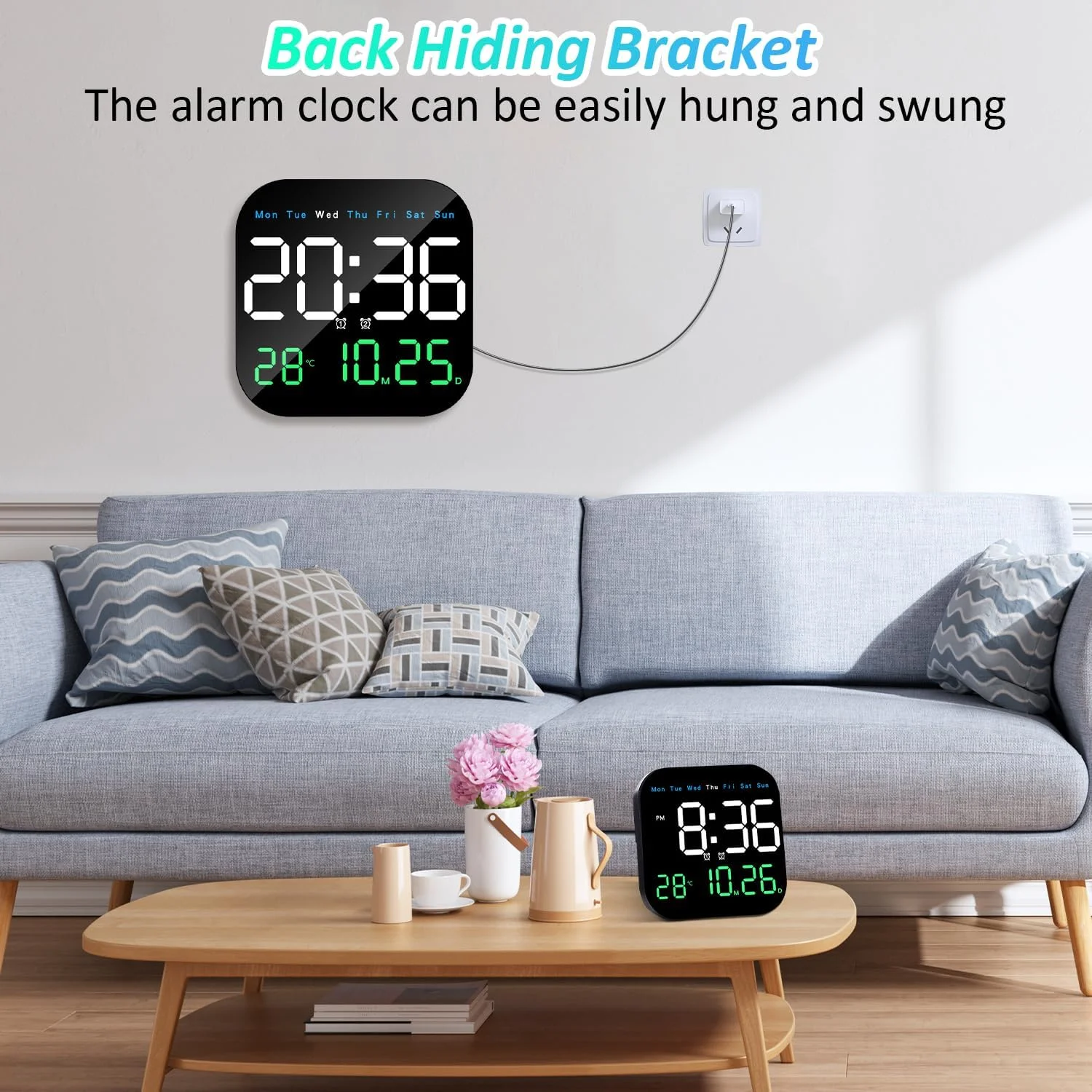 ساعت دیواری دیجیتال Necomi، ساعت دیجیتال LED 9 اینچی با کنترل از راه دور برای دکوراسیون اتاق نشیمن، هفته/تاریخ/دما در 3 رنگ، روشنایی خودکار، ایستاده و آویزان ساعت دیواری دیجیتال Necomi، ساعت دیجیتال LED 9 اینچی با کنترل از راه دور برای دکوراسیون اتاق نشیمن، هفته/تاریخ/دما در 3 رنگ، روشنایی خودکار، ایستاده و آویزان