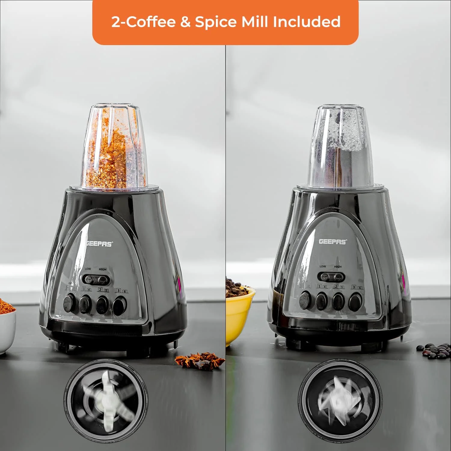 مخلوط کن 3 در 1 Geepas GSB44034، موتور قدرتمند 600 وات، تیغه های برش فولادی ضد زنگ، 3 سرعت با عملکرد پالس، آبمیوه گیری 1.8 لیتری برای میوه ها و سبزیجات کامل، یخ خردکن، سفید