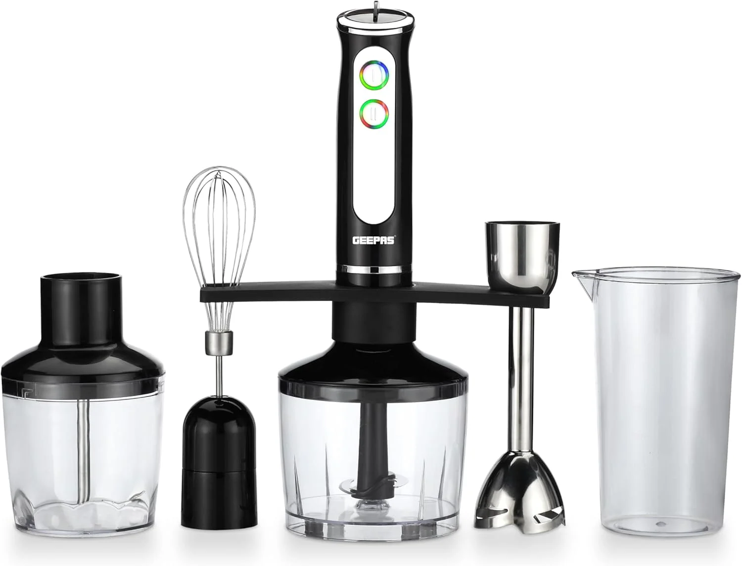 مخلوط کن دستی Geepas - چند منظوره قابل حمل | 2 سرعت با 8 سرعت متغیر، تیغه و همزن استیل ضد زنگ | اسموتی های عالی و آسیاب کردن قهوه