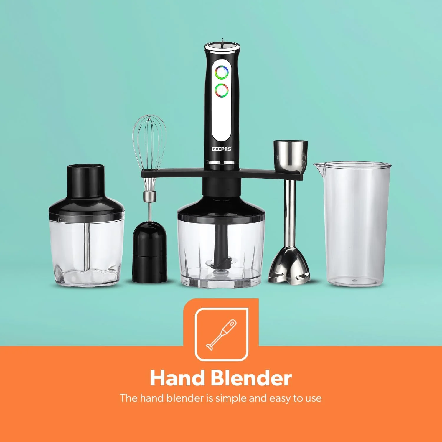 مخلوط کن دستی Geepas - چند منظوره قابل حمل | 2 سرعت با 8 سرعت متغیر، تیغه و همزن استیل ضد زنگ | اسموتی های عالی و آسیاب کردن قهوه