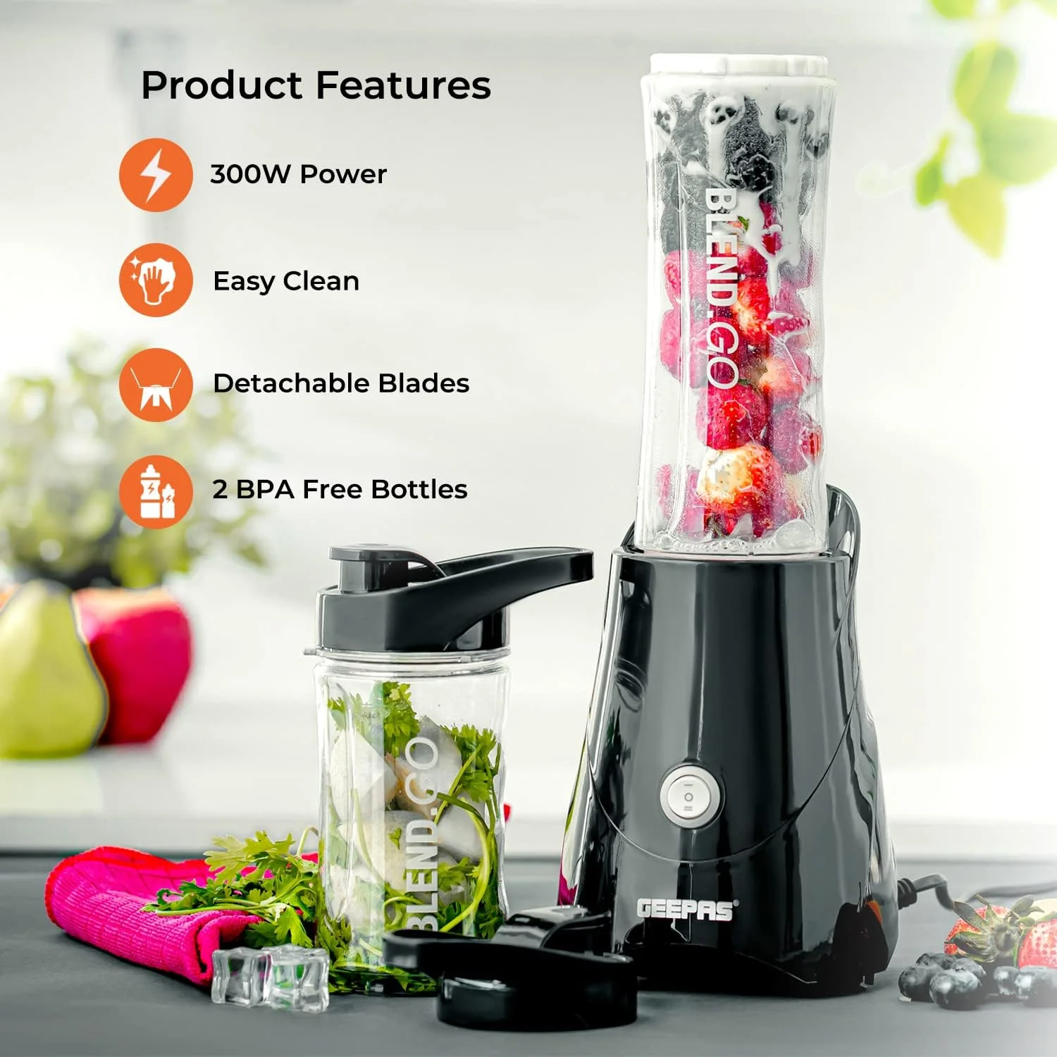 مخلوط کن شخصی جیپاس | تیغه استیل ضد زنگ | GSB44075 - قفل ایمنی، شیشه تریتان بدون BPA با ظرفیت 570 و 400 میلی لیتر، موتور 300 وات، محافظت چندگانه ایمن، بدنه پلاستیکی ABS