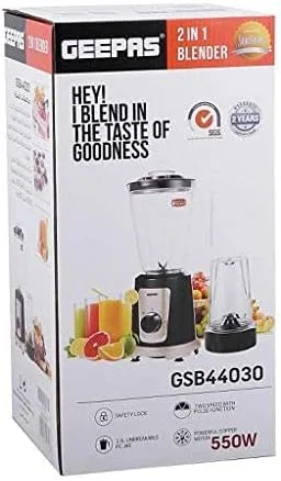 مخلوط کن چند منظوره 2 در 1 Geepas | ترکیبی عالی از تیغه های پرسرعت و توان 550 وات، مشکی، GSB44030 مخلوط کن چند منظوره 2 در 1 Geepas | ترکیبی عالی از تیغه های پرسرعت و توان 550 وات، مشکی، GSB44030