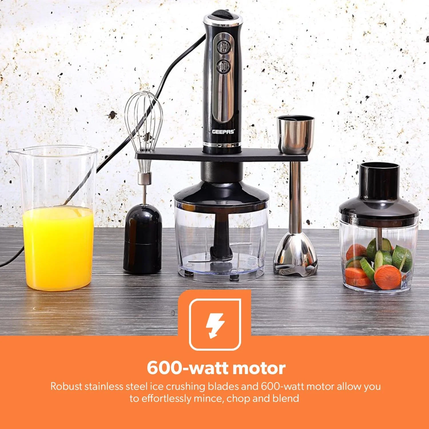 مخلوط کن دستی Geepas - چند منظوره قابل حمل | 2 سرعت با 8 سرعت متغیر، تیغه و همزن استیل ضد زنگ | اسموتی های عالی و آسیاب کردن قهوه