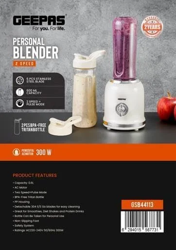 مخلوط کن شخصی Geepas مدل GSB44113 - موتور قدرتمند 300 واتی با 2 بطری تریتان بدون BPA، 600 میلی لیتر / بطری های شفاف و نشکن / ایده آل برای تهیه اسموتی، شیک پروتئین / 2 سال گارانتی مخلوط کن شخصی Geepas مدل GSB44113 - موتور قدرتمند 300 واتی با 2 بطری تریتان بدون BPA، 600 میلی لیتر / بطری های شفاف و نشکن / ایده آل برای تهیه اسموتی، شیک پروتئین / 2 سال گارانتی