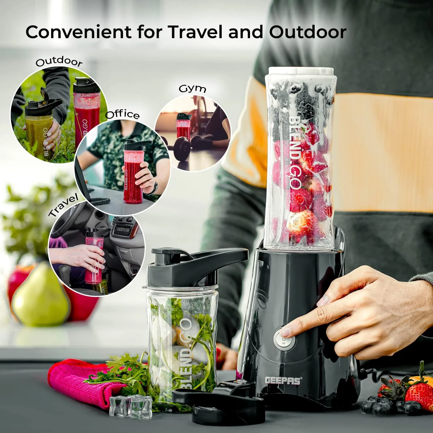 مخلوط کن شخصی جیپاس | تیغه استیل ضد زنگ | GSB44075 - قفل ایمنی، شیشه تریتان بدون BPA با ظرفیت 570 و 400 میلی لیتر، موتور 300 وات، محافظت چندگانه ایمن، بدنه پلاستیکی ABS