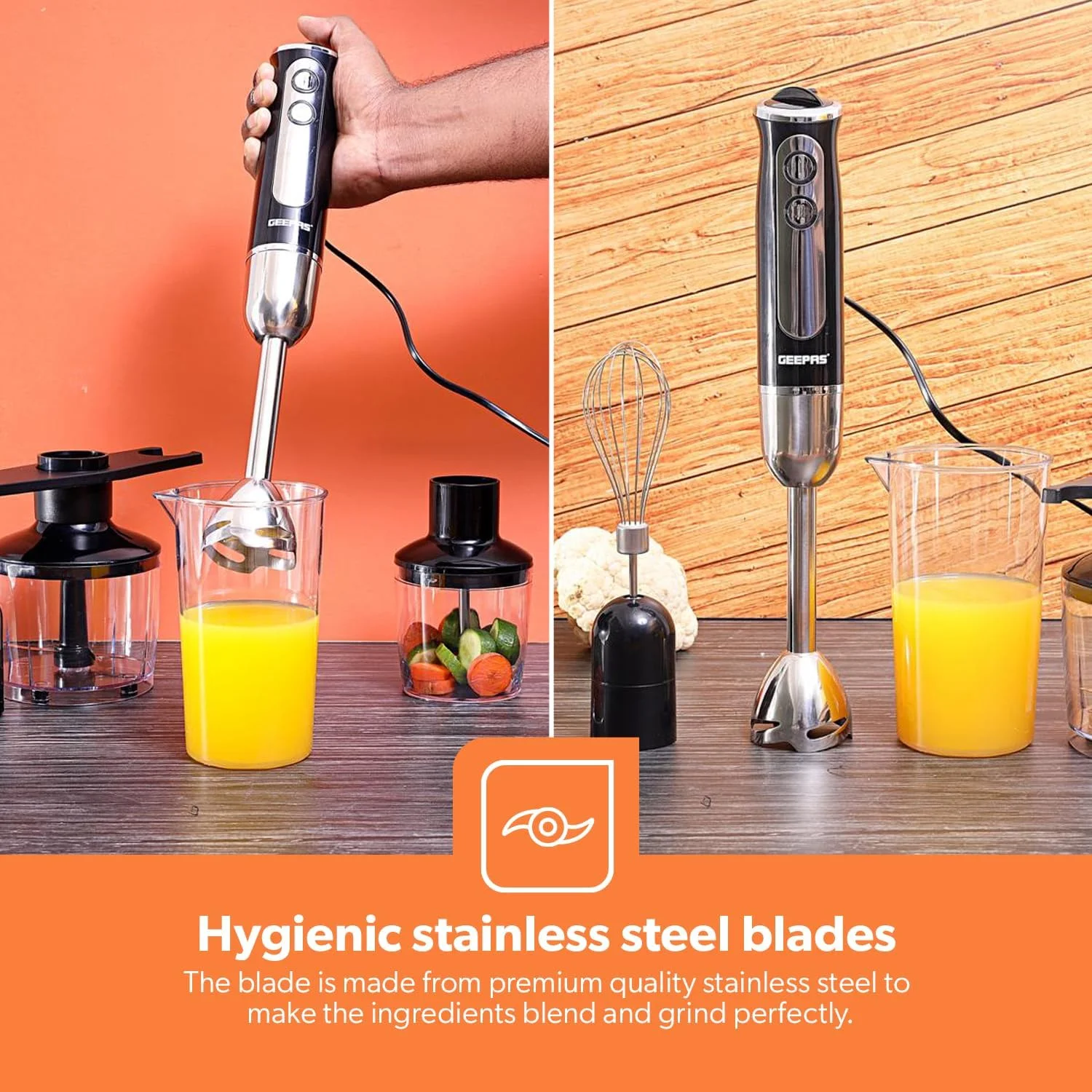 مخلوط کن دستی Geepas - چند منظوره قابل حمل | 2 سرعت با 8 سرعت متغیر، تیغه و همزن استیل ضد زنگ | اسموتی های عالی و آسیاب کردن قهوه