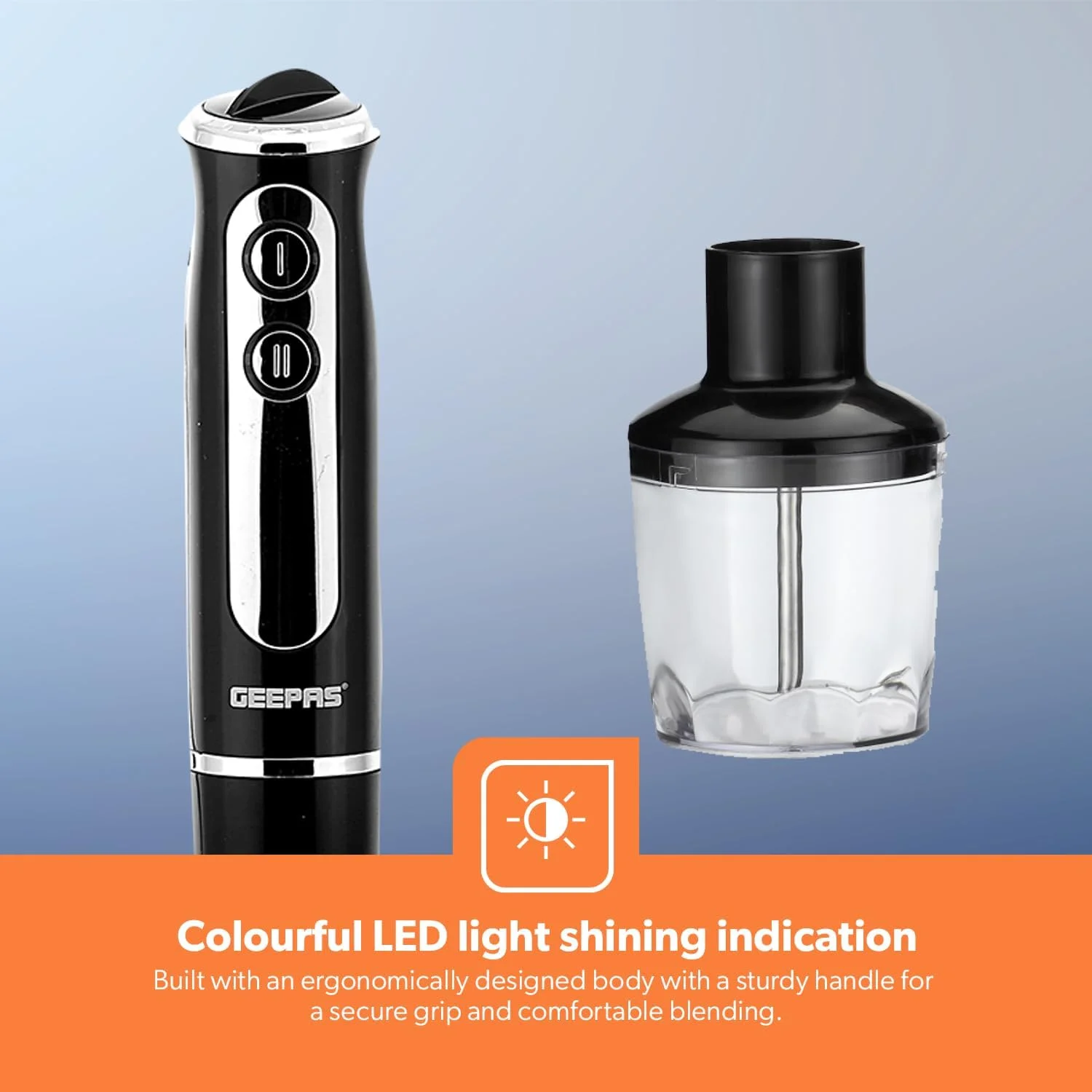مخلوط کن دستی Geepas - چند منظوره قابل حمل | 2 سرعت با 8 سرعت متغیر، تیغه و همزن استیل ضد زنگ | اسموتی های عالی و آسیاب کردن قهوه