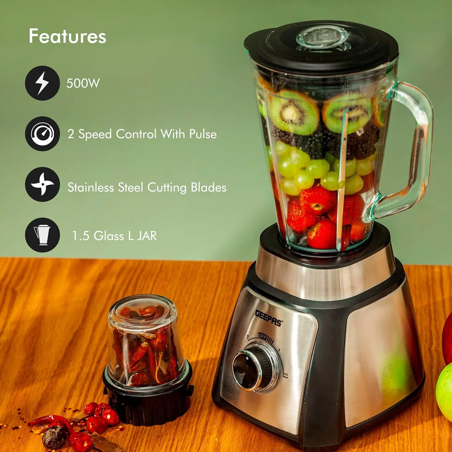 مخلوط کن 2 در 1 Geepas با پارچ شیشه ای 1.5 لیتری و آسیاب 600 وات، مشکی، GSB44076UK