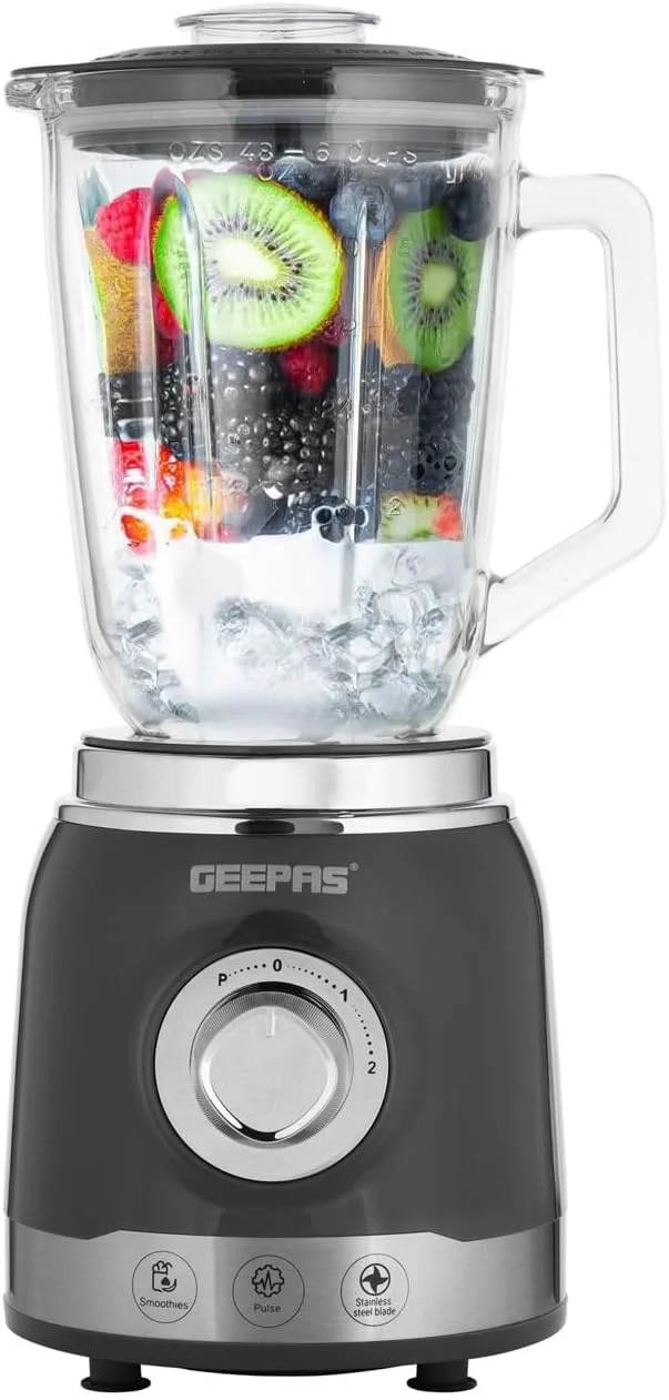 مخلوط کن شیشه ای جیپاس مدل GSB44022UK با توان 600 وات | دارای تیغه های برش استیل ضد زنگ، کنترل 5 سرعته با عملکرد پالس و پارچ شیشه ای 1.5 لیتری | مخلوط کن پارچ مسی قدرتمند و یخ خردکن