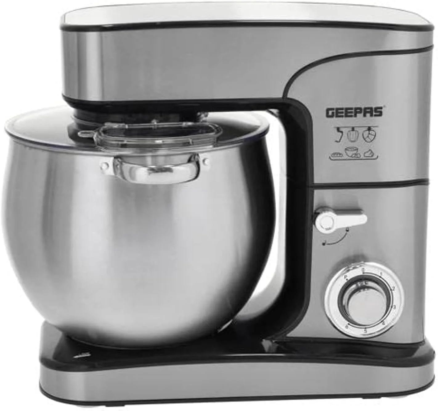 ماشین آشپزخانه Geepas، کنترل سرعت مخلوط کردن 6 سطح، کاسه استیل ضد زنگ 12 لیتری GSM43042 با دستگیره، نشانگر قدرت LED، 6 سرعت با پالس، موتور قدرتمند 2000 وات، نقره ای