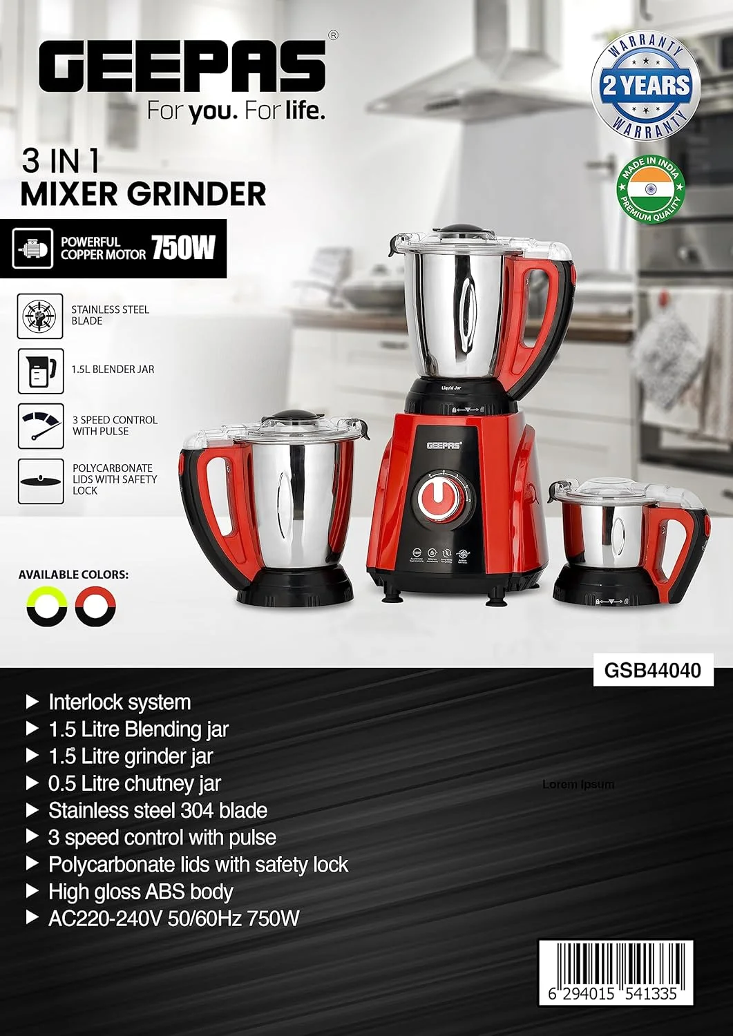 مخلوط کن آسیاب 3 در 1 جیپاس، 750 وات، تنظیمات 3 سرعته، GSB44040 | پارچ مخلوط کن و آسیاب 1.5 لیتری، پارچ چاتنی 0.5 لیتری | عملکرد پالس | آسیاب مرطوب و خشک مخلوط کن آسیاب 3 در 1 جیپاس، 750 وات، تنظیمات 3 سرعته، GSB44040 | پارچ مخلوط کن و آسیاب 1.5 لیتری، پارچ چاتنی 0.5 لیتری | عملکرد پالس | آسیاب مرطوب و خشک