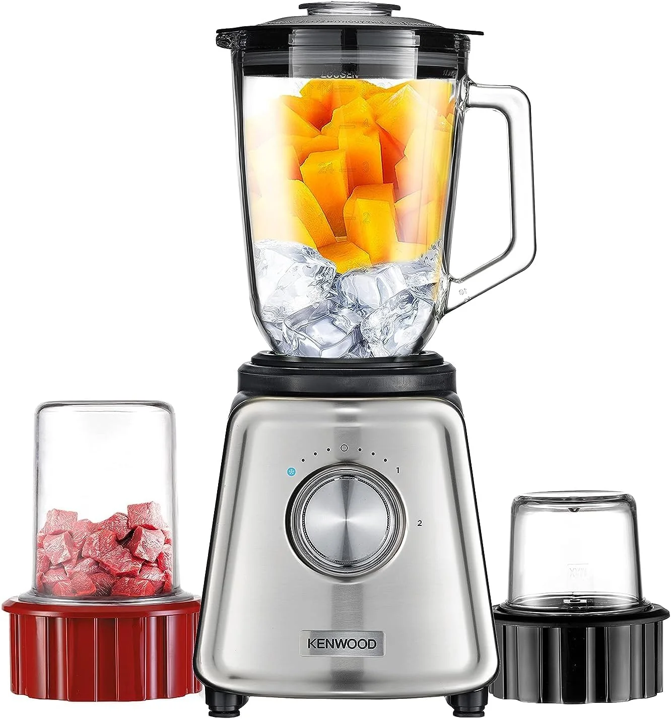 مخلوط کن شیشه ای کنوود 800 وات، مخلوط کن اسموتی/اسموتی ساز 1.5 لیتری با آسیاب شیشه ای، آسیاب/خردکن گوشت، عملکرد خرد کردن یخ مدل BLP44.270SS نقره ای