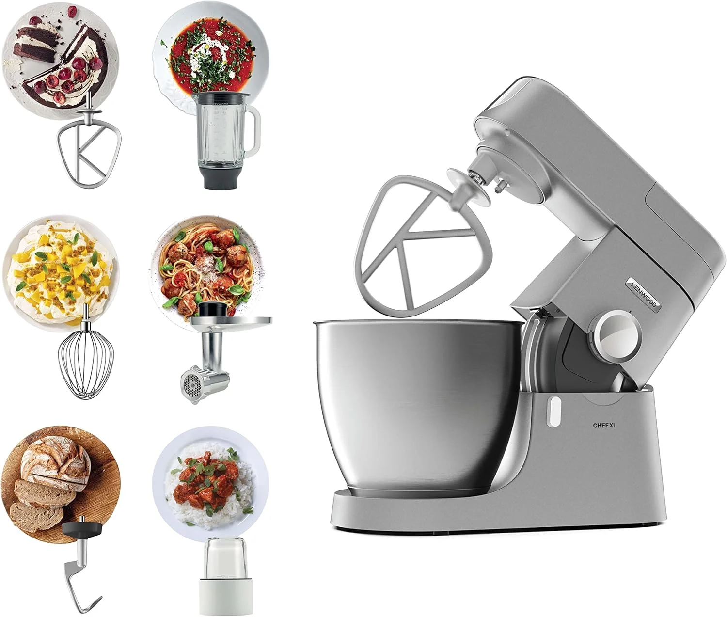 میکسر ایستاده کنوود مدل CHEF XL KVL4230S با بدنه فلزی، موتور 1200 وات، کاسه استیل 6.7 لیتری، سری K-Beater، همزن، خمیرزن، مخلوط کن شیشه ای، چرخ گوشت و آسیاب چند منظوره - نقره ای