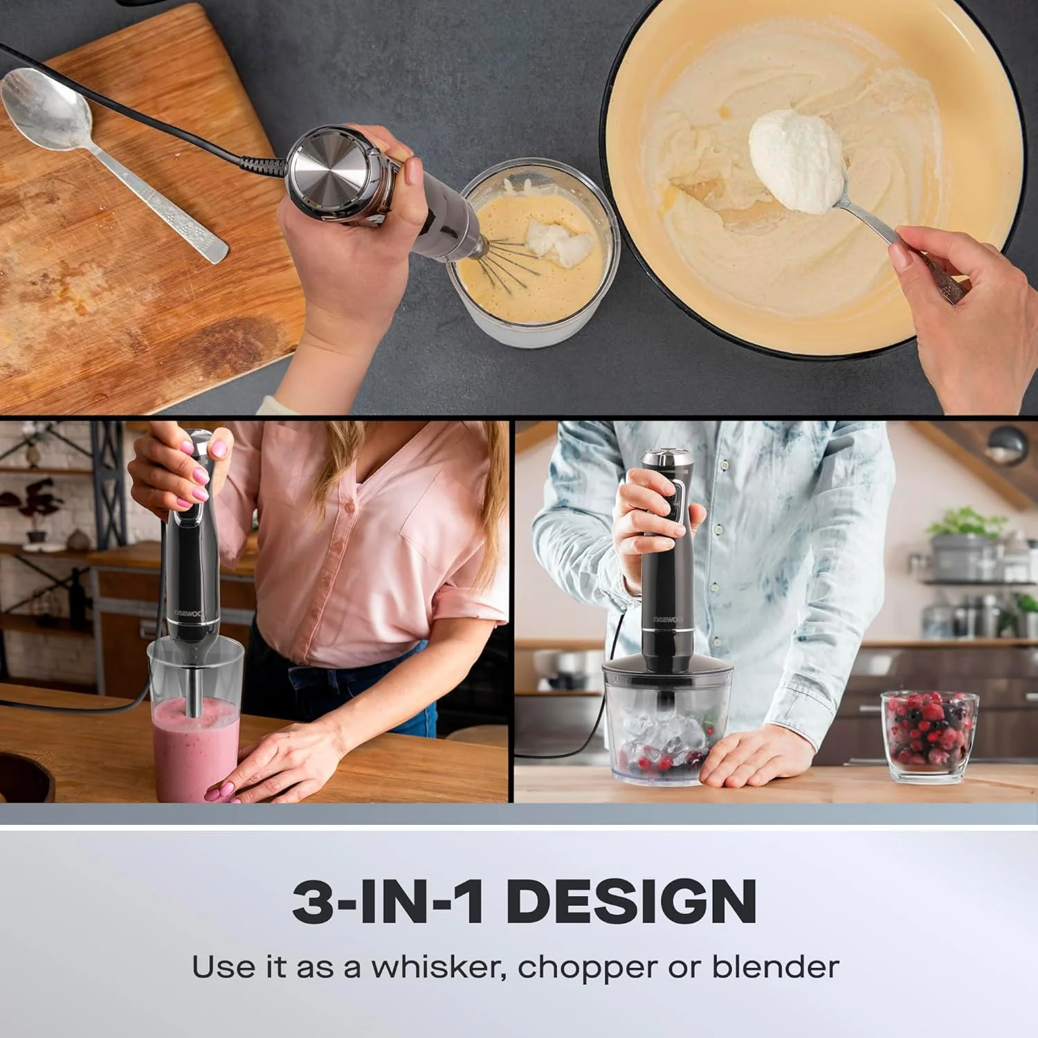 مجموعه مخلوط کن دستی دوو با همزن، خردکن و پارچ، تقویت توربو، کنترل 2 سرعته، تیغه های استیل ضد زنگ