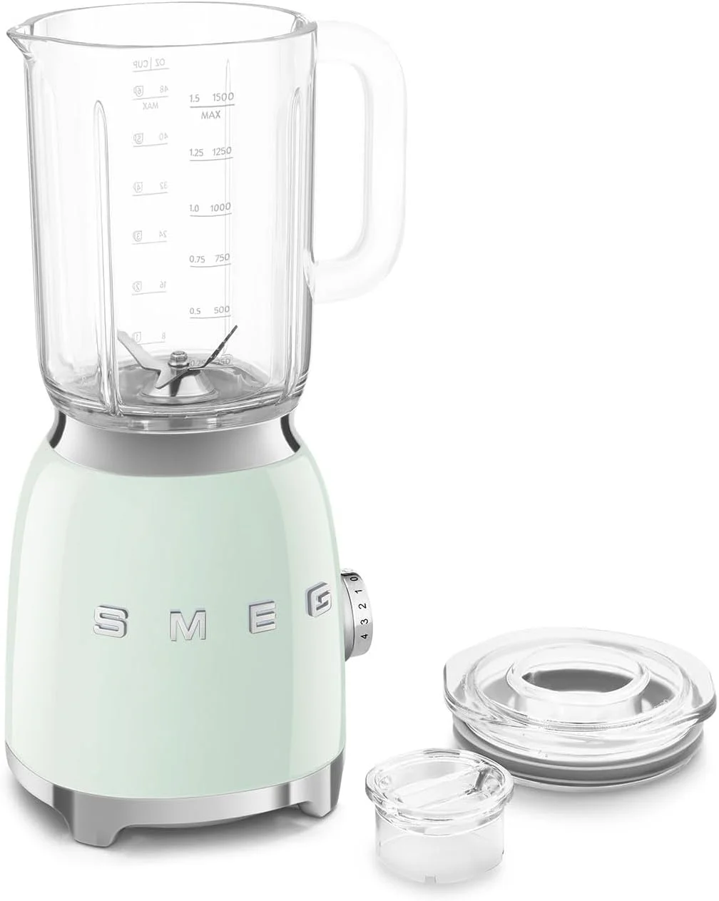 مخلوط کن پارچه‌ای Smeg BLF03PGUK، به سبک دهه 50، با تیغه‌های استیل ضد زنگ، 4 تنظیم سرعت و 3 برنامه از پیش تعیین شده، 1.5 لیتر، 800 وات، سبز پاستیلی، 1 سال گارانتی
