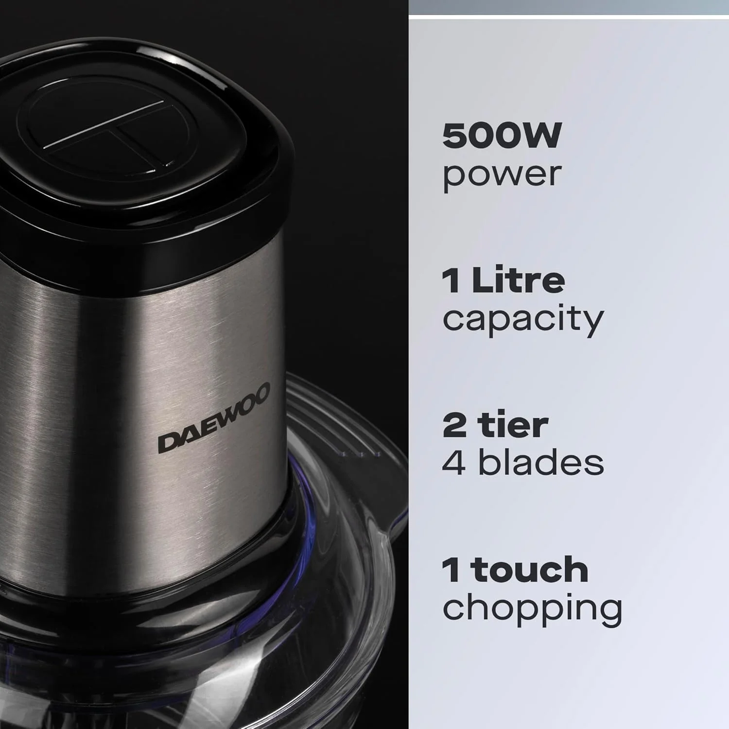 خردکن کوچک Daewoo با کاسه شیشه ای 1 لیتری، خردکن غذا با 4 تیغه استیل ضد زنگ، پایه ضد لغزش، درب قفل ایمنی، خردکن برقی غذا، موتور 500 وات