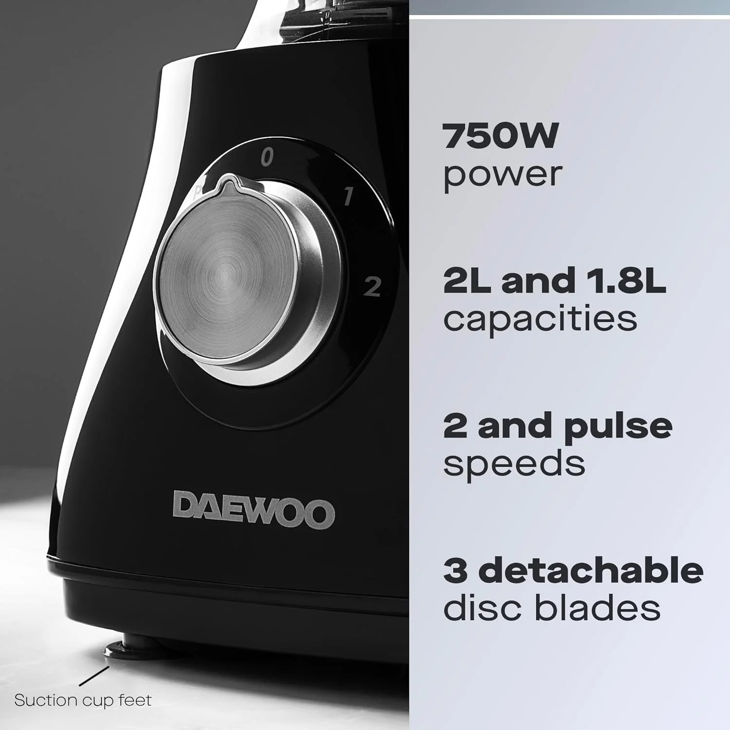 غذاساز جمع و جور پلاستیکی 750 واتی Daewoo SDA2100 با کاسه 2 لیتری و پارچ مخلوط کن 1.8 لیتری، تیغه های خردکن استیل ضد زنگ برای برش و رنده کردن، دوشاخه نوع G بریتانیا 220-240 ولت 50 هرتز، مشکی