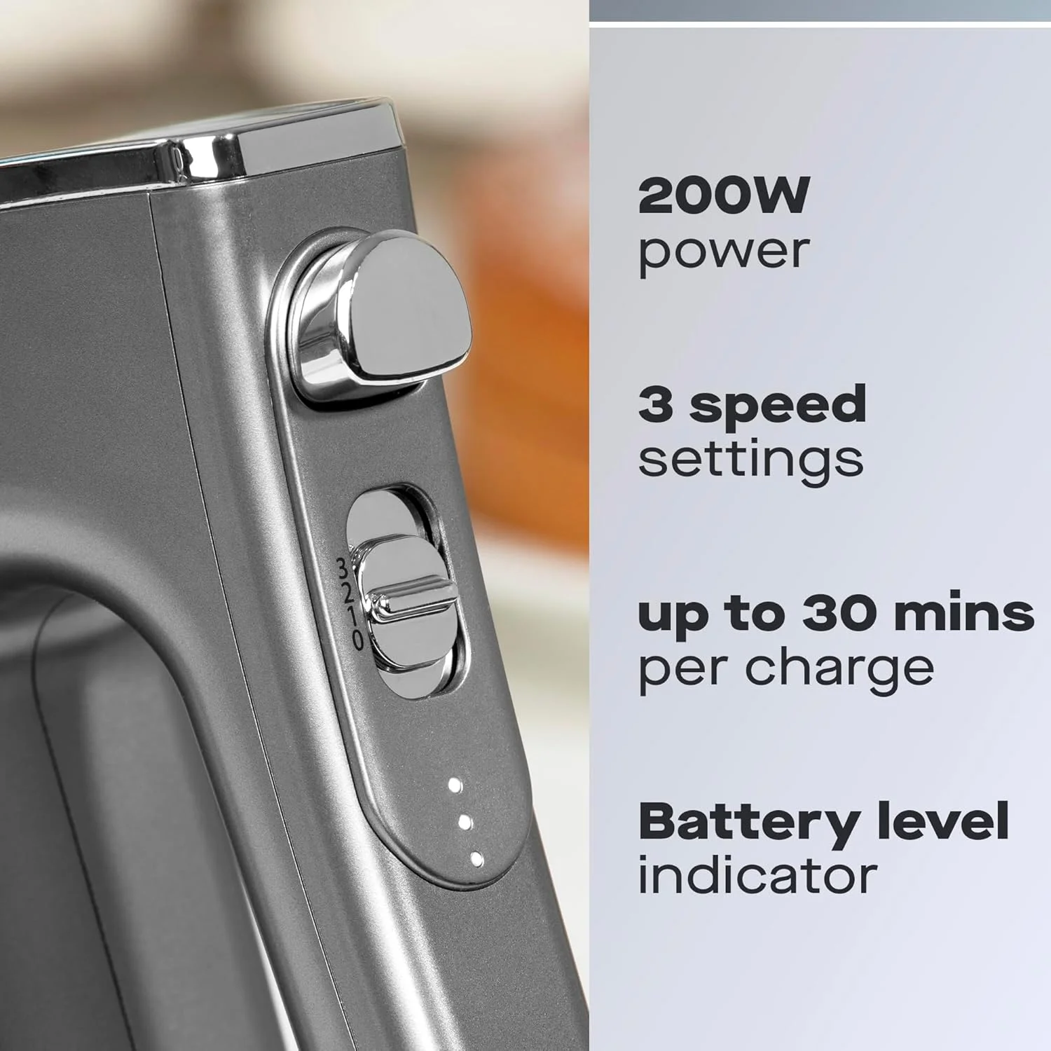 مخلوط کن دستی بی سیم Daewoo Freedom Pro، دارای همزن و میله های جداشدنی، شارژ سریع، نشانگرهای باتری، موتور قدرتمند، طراحی آلومینیومی برس خورده سبک وزن، قابل حمل