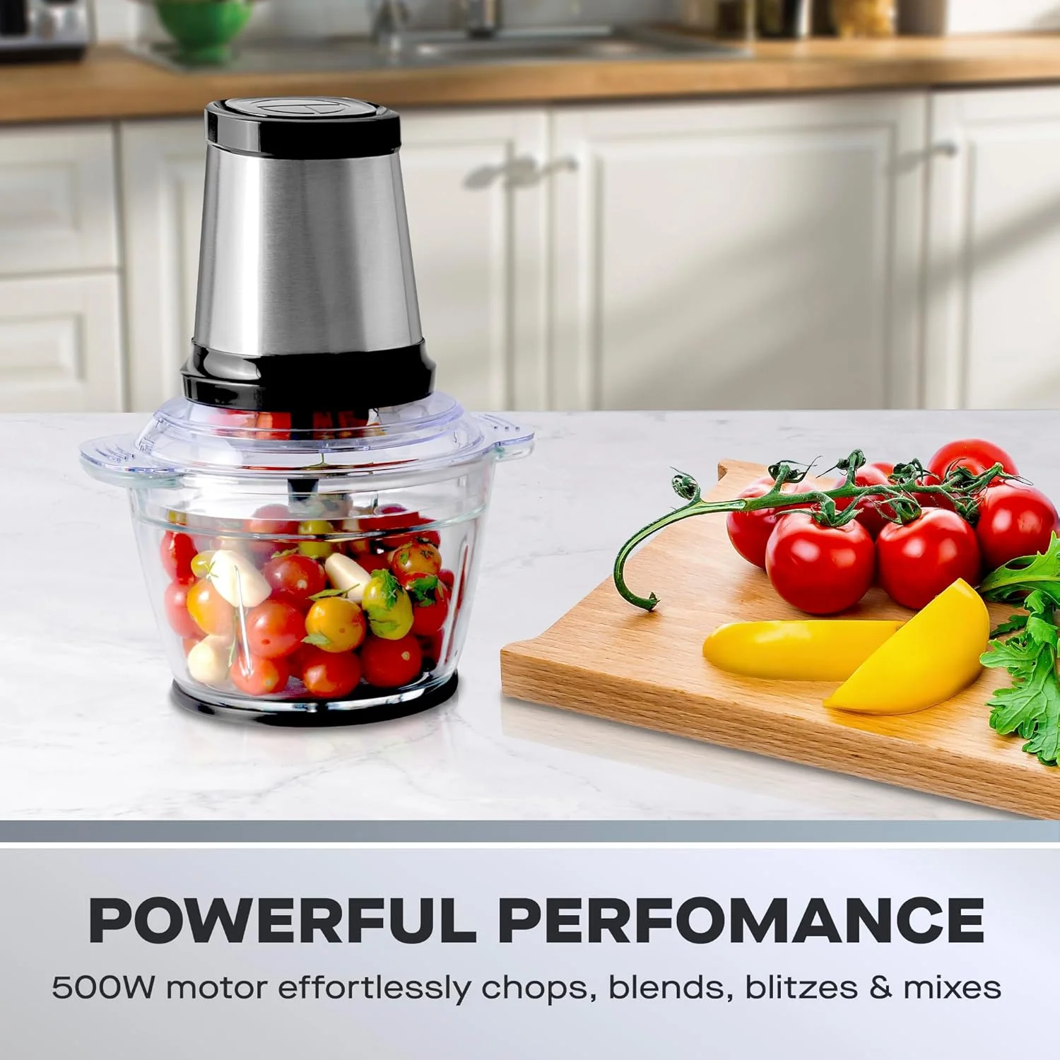 خردکن کوچک Daewoo با کاسه شیشه ای 1 لیتری، خردکن غذا با 4 تیغه استیل ضد زنگ، پایه ضد لغزش، درب قفل ایمنی، خردکن برقی غذا، موتور 500 وات