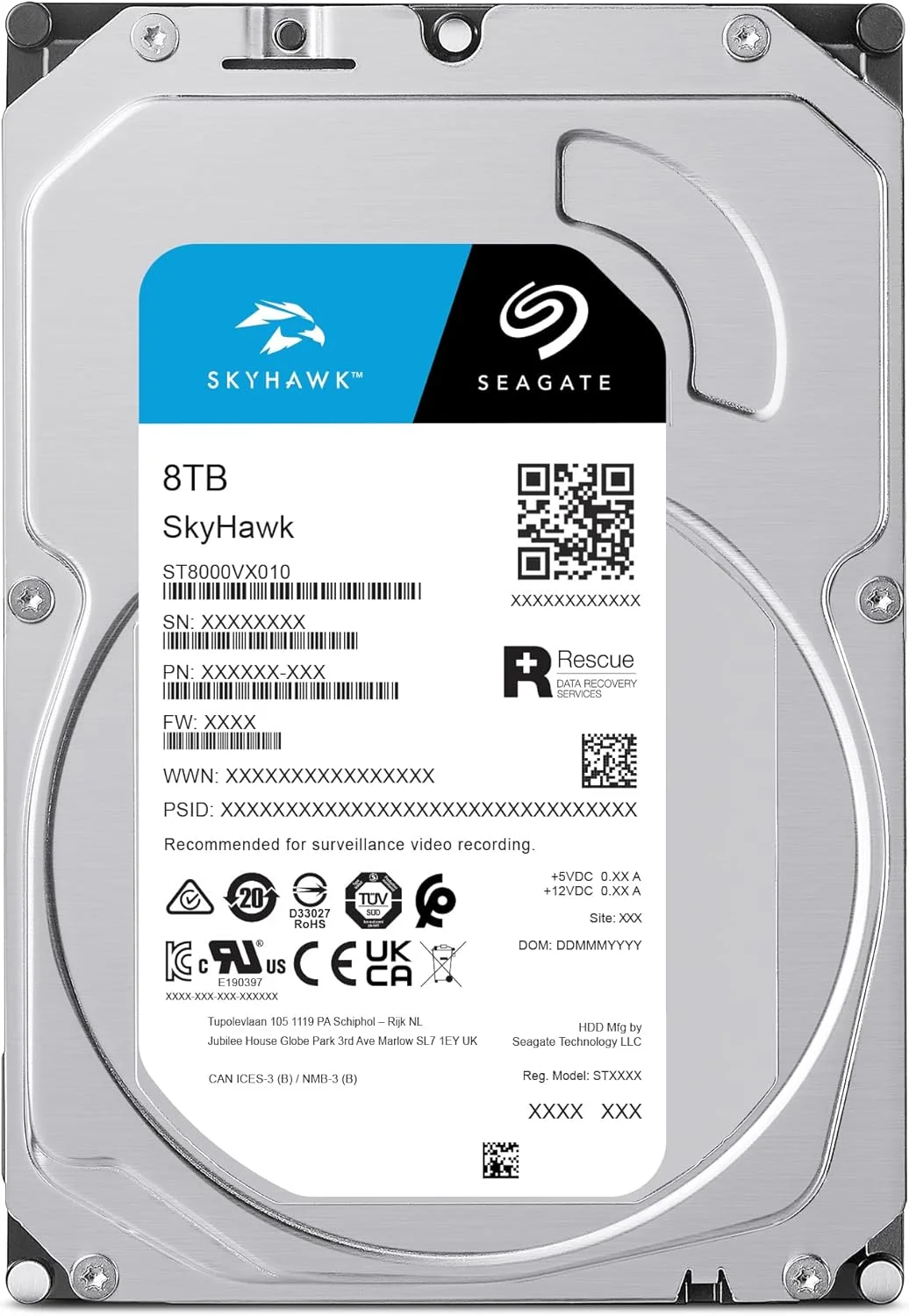 هارد دیسک داخلی 8 ترابایتی Seagate Skyhawk، مخصوص ضبط ویدیو - 3.5 اینچ، SATA 6Gb/s، 256 مگابایت حافظه کش، برای سیستم دوربین مداربسته DVR NVR مدل FFP (ST8000VXZ10)