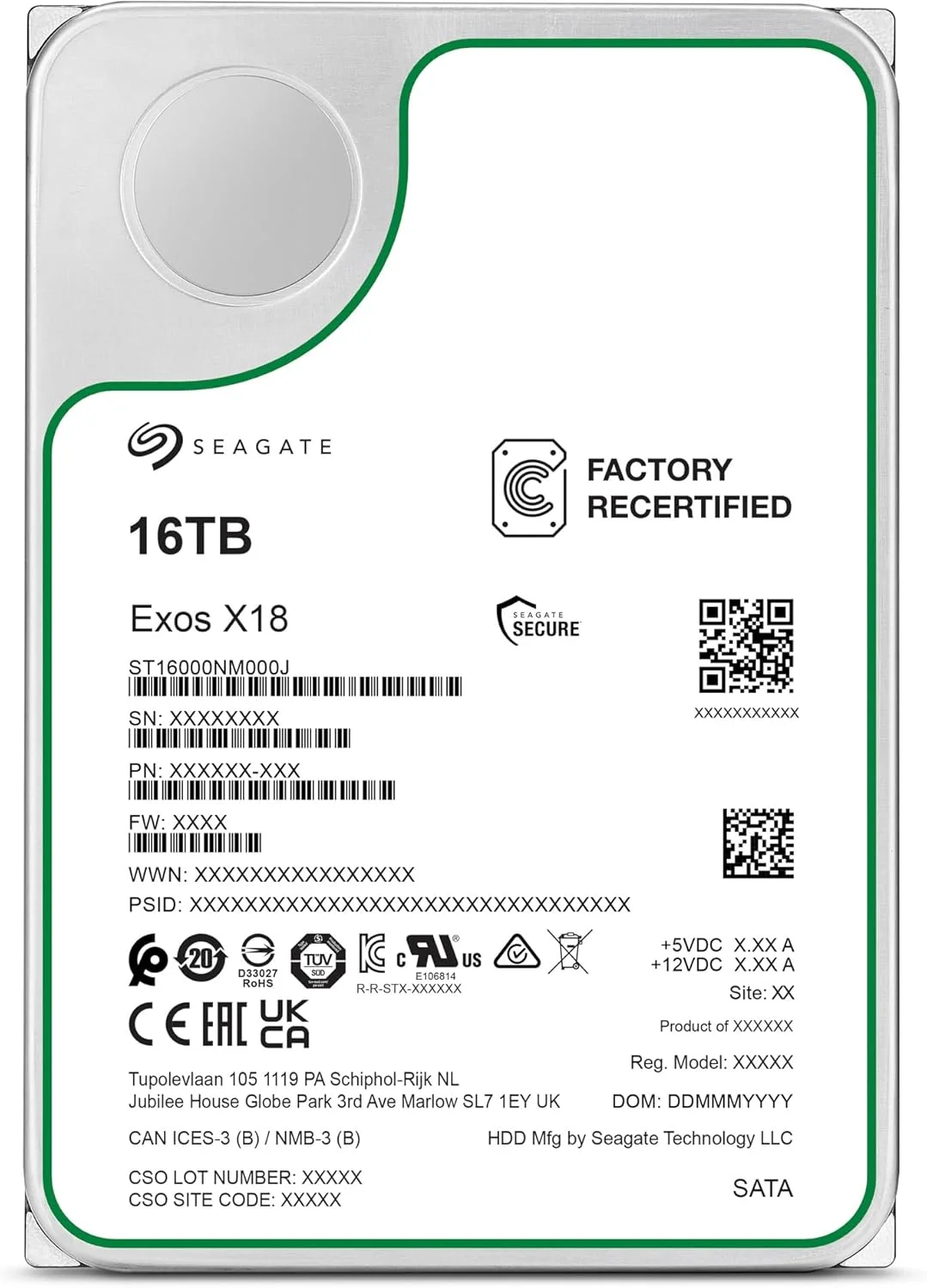 هارد دیسک اینترپرایز 16 ترابایتی سیگیت Exos X18، CMR، فرمت سریع 4Kn 512e، ساتا 6 گیگابیت بر ثانیه، 7200 دور در دقیقه، مدل ST16000NM000J (بازسازی شده)