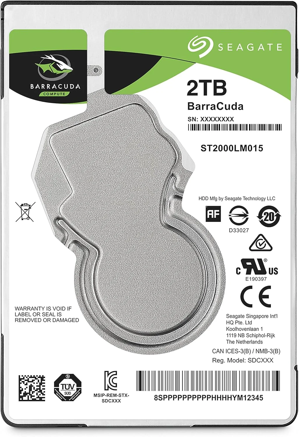 هارد دیسک داخلی سیگیت Guardian BarraCuda با ظرفیت 2 ترابایت، سایز 2.5 اینچ، رابط SATA 6Gb/s، سرعت 5400 دور در دقیقه، حافظه بافر 128 مگابایت، مدل ST2000LM015، رنگ مشکی