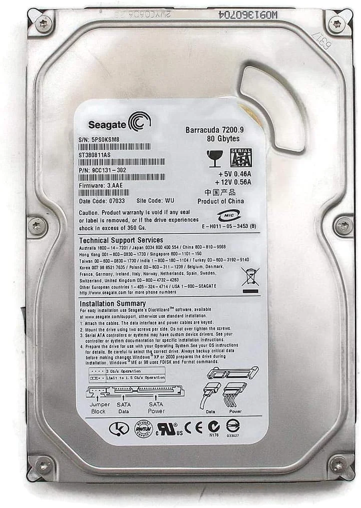 هارد درایو سیگیت Barracuda 7200.9 با ظرفیت 80 گیگابایت، SATA/300، سرعت 7200 دور در دقیقه و حافظه کش 2 مگابایت