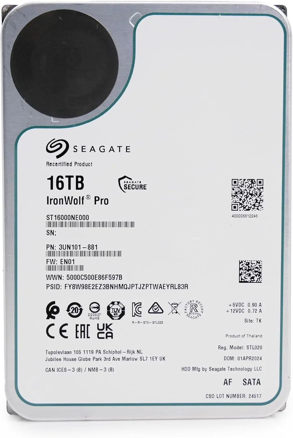 هارد دیسک داخلی سیگیت IronWolf Pro 3.5 اینچی 16 ترابایت با خدمات بازیابی اطلاعات، 5 سال گارانتی، 256 مگابایت، 7200 دور در دقیقه، خدمات 24 ساعته برای PC NAS RV Sensor مدل ST16000NE000