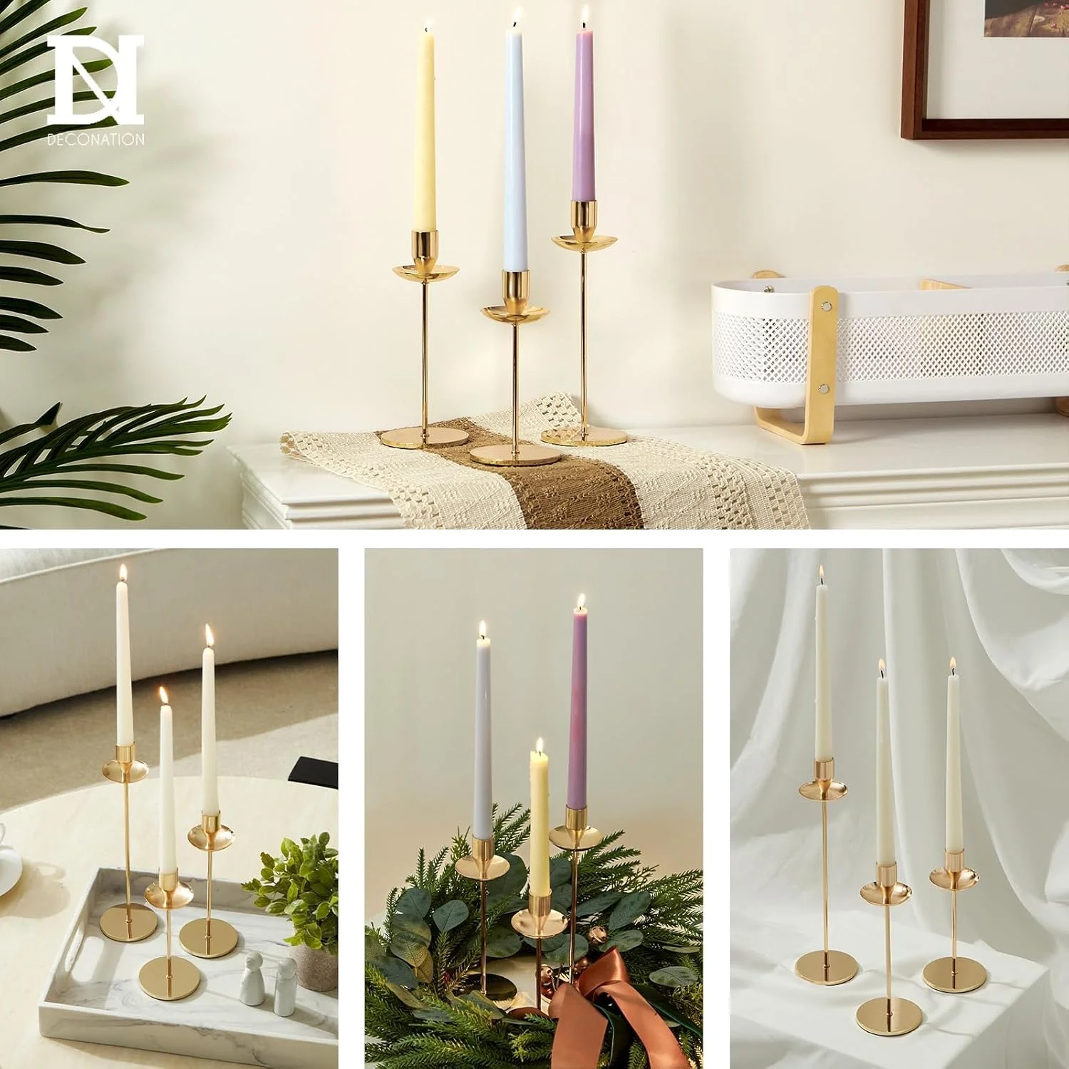 جاشمعی شمعدان های مخروطی، جاشمعی های طلایی فرانسوی با محافظ چکه، 3 عدد جاشمعی مخروطی آهنی برای دکور میز ناهارخوری پاییزی کریسمس، شمع ستونی مهمانی عروسی