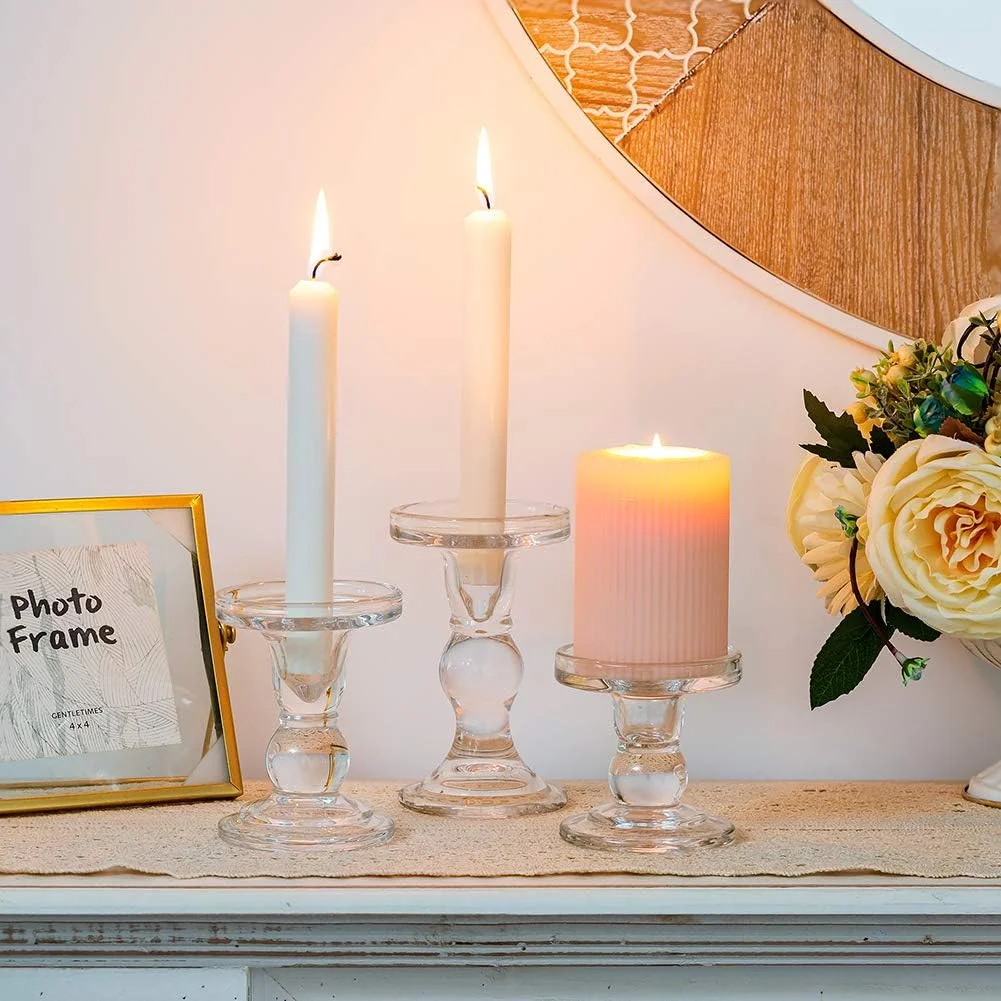 NUPTIO ست 3 تایی جا شمعی شیشه ای شفاف برای شمع های استوانه ای و شمعی 75 میلی متری، 2 کاربرد برای جا شمعی برای دکوراسیون منزل عروسی، شمعدان NUPTIO ست 3 تایی جا شمعی شیشه ای شفاف برای شمع های استوانه ای و شمعی 75 میلی متری، 2 کاربرد برای جا شمعی برای دکوراسیون منزل عروسی، شمعدان