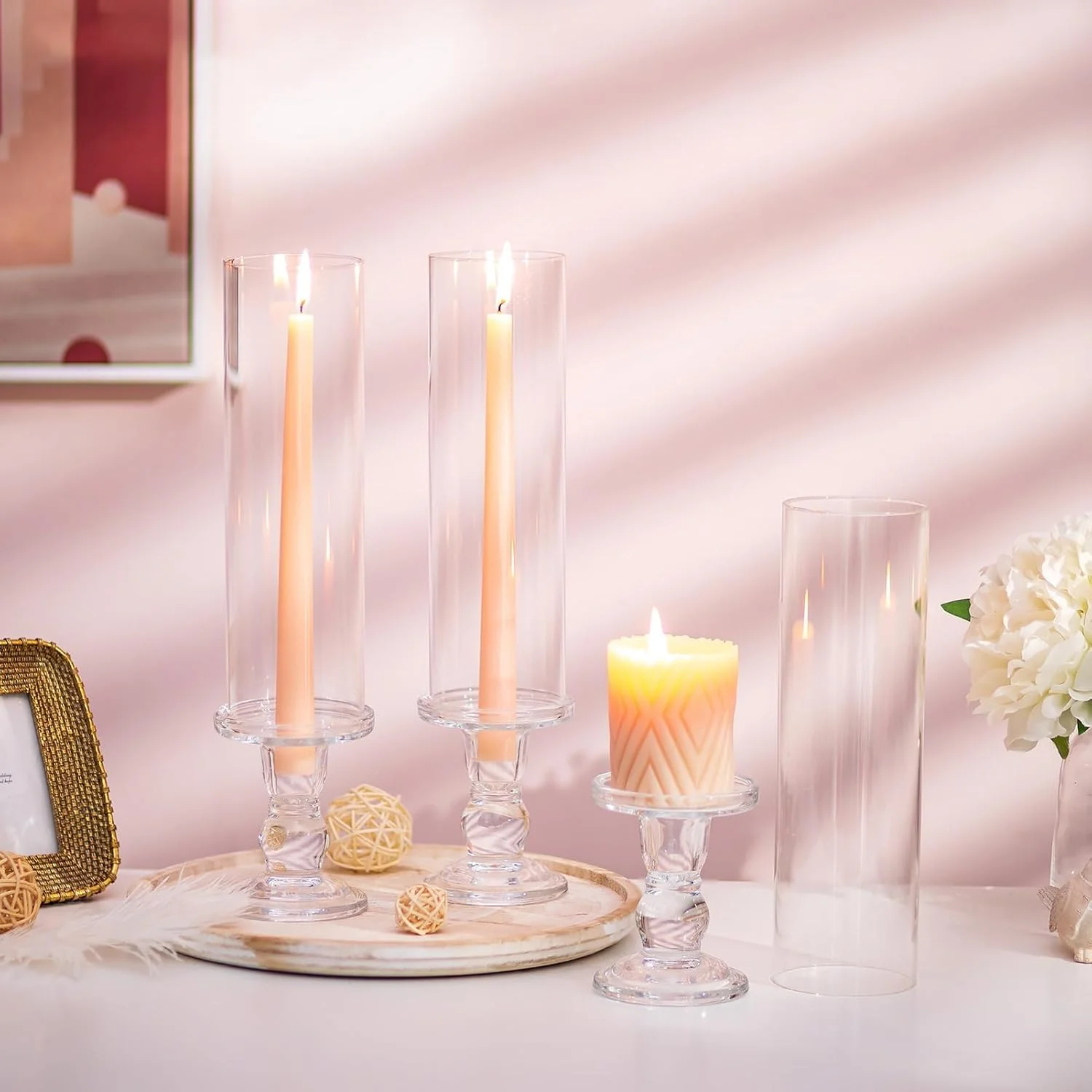 جا شمعی شیشه ای مدل Hurricane، ست 2 عددی جا شمعی 35 سانتی متری با روکش استوانه ای شفاف بدون ته، پایه نگهدارنده شمعدان شفاف ضد باد برای کریسمس، عروسی، شومینه، دیوالی جا شمعی شیشه ای مدل Hurricane، ست 2 عددی جا شمعی 35 سانتی متری با روکش استوانه ای شفاف بدون ته، پایه نگهدارنده شمعدان شفاف ضد باد برای کریسمس، عروسی، شومینه، دیوالی