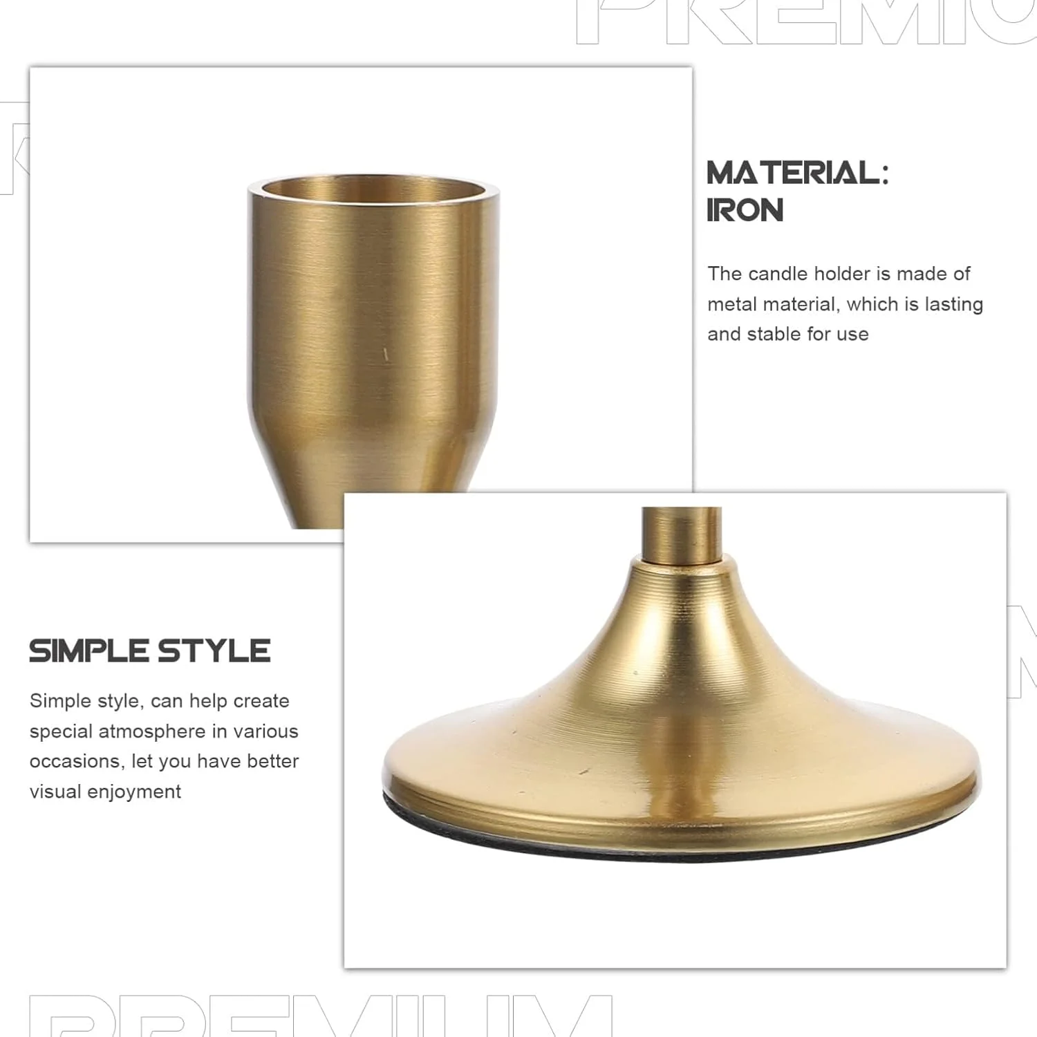 جاشمعی فلزی KASTWAVE مدل Iron، بسته 2 عددی، شمعدان های باریک طلایی، پایه شمعدان فلزی برنجی کوتاه، جاشمعی تزئینی برای عروسی، شام، مهمانی و دکوراسیون منزل