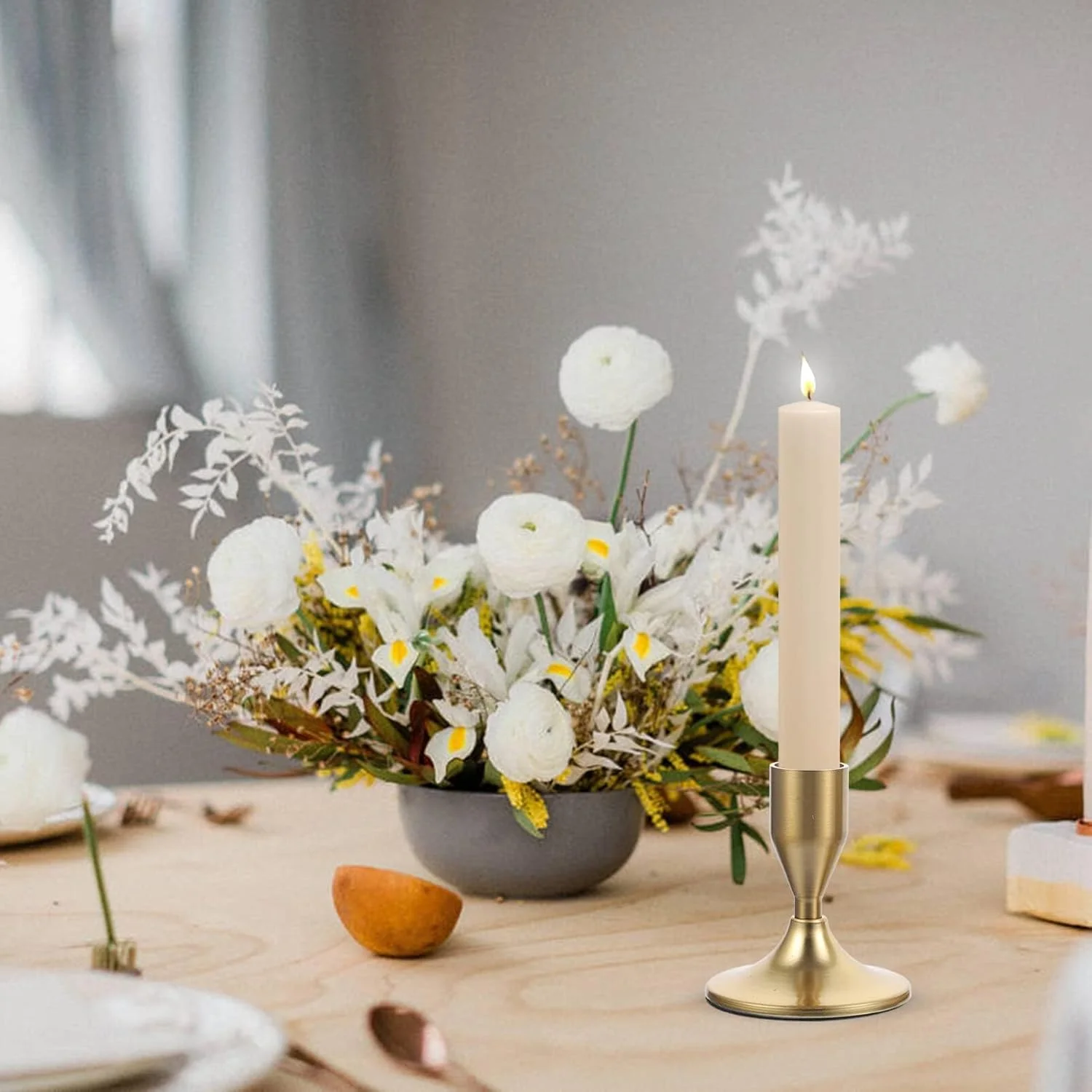 جاشمعی فلزی KASTWAVE مدل Iron، بسته 2 عددی، شمعدان های باریک طلایی، پایه شمعدان فلزی برنجی کوتاه، جاشمعی تزئینی برای عروسی، شام، مهمانی و دکوراسیون منزل