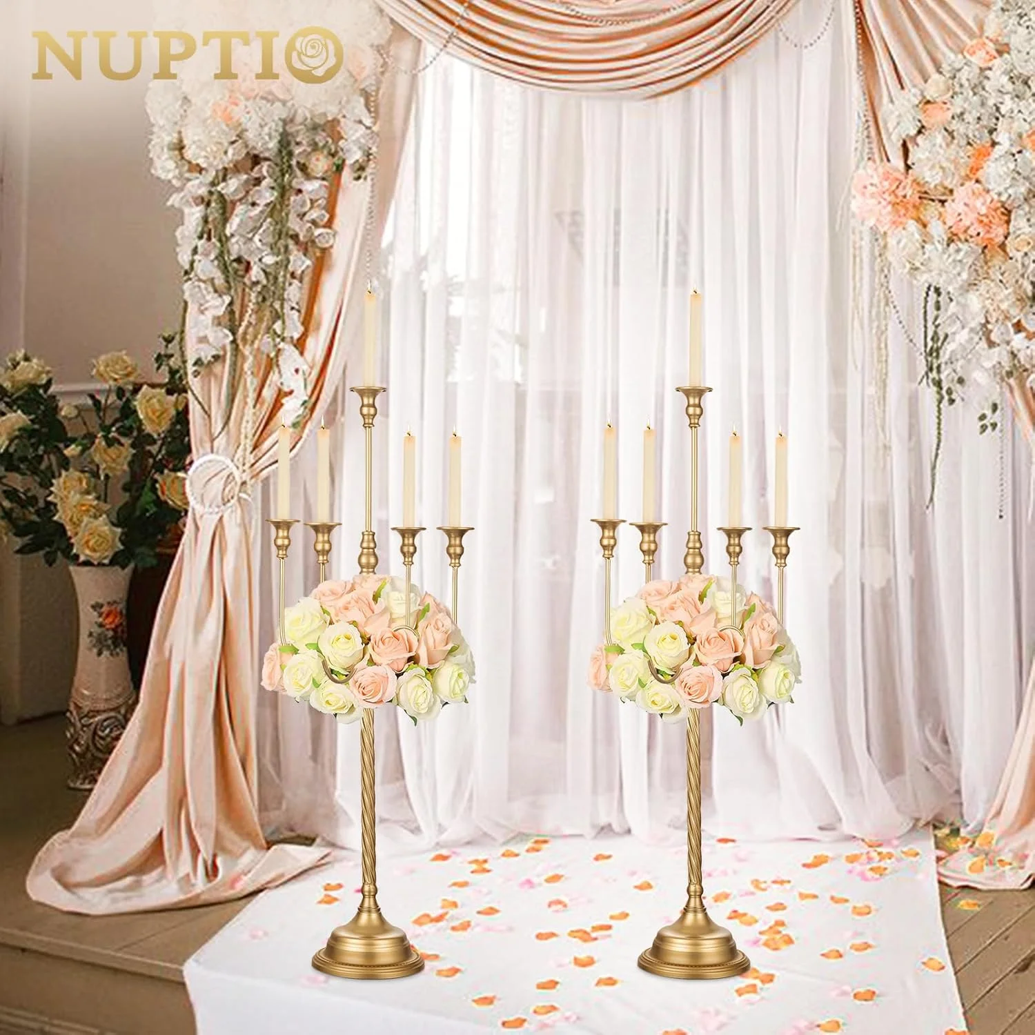جاشمعی NUPTIO برای تزیین میز: 2 عدد شمعدان طلایی 5 شاخه بلند 94 سانتی متری، جاشمعی ایستاده برای شمع های مخروطی، تزیینات میز عروسی، دکوراسیون شومینه مهمانی جاشمعی NUPTIO برای تزیین میز: 2 عدد شمعدان طلایی 5 شاخه بلند 94 سانتی متری، جاشمعی ایستاده برای شمع های مخروطی، تزیینات میز عروسی، دکوراسیون شومینه مهمانی