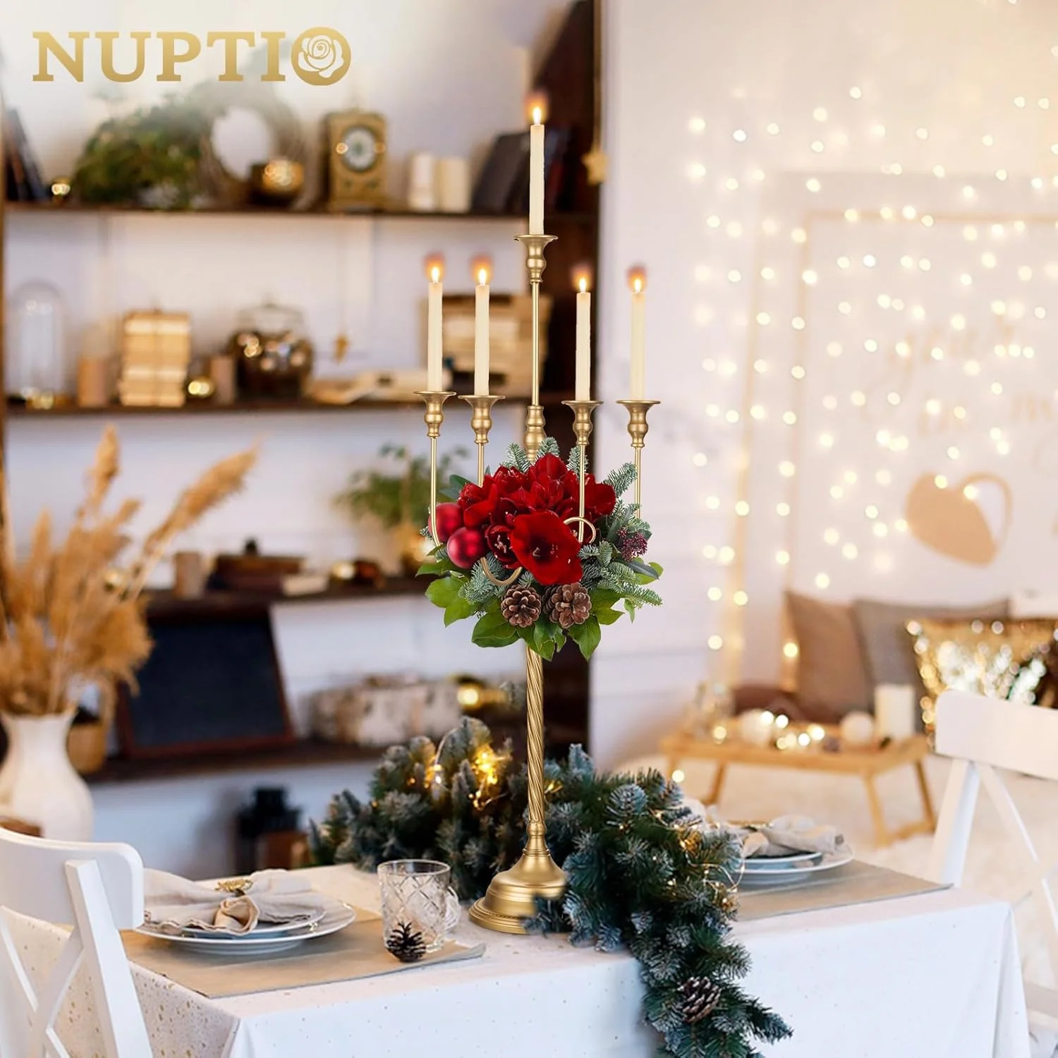 جاشمعی NUPTIO برای تزیین میز: 2 عدد شمعدان طلایی 5 شاخه بلند 94 سانتی متری، جاشمعی ایستاده برای شمع های مخروطی، تزیینات میز عروسی، دکوراسیون شومینه مهمانی جاشمعی NUPTIO برای تزیین میز: 2 عدد شمعدان طلایی 5 شاخه بلند 94 سانتی متری، جاشمعی ایستاده برای شمع های مخروطی، تزیینات میز عروسی، دکوراسیون شومینه مهمانی