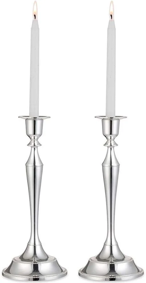 جاشمعی فلزی نوپتیو مدل Taper، بسته 2 عددی، جاشمعی رومیزی، دکوراسیون مدرن و وینتیج، مناسب میز، دکوراسیون کریسمس و سفره عقد (نقره ای)
