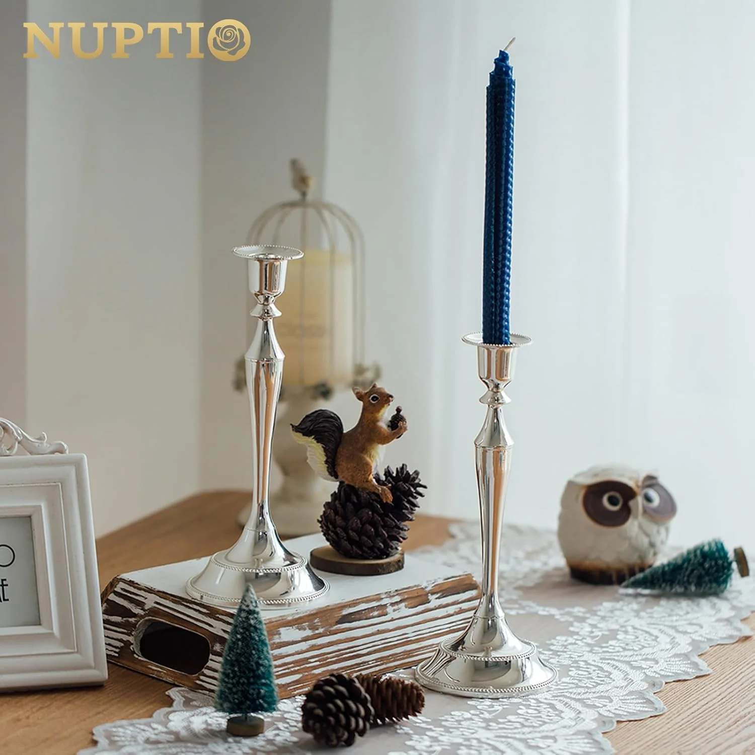 جاشمعی فلزی نوپتیو مدل Taper، بسته 2 عددی، جاشمعی رومیزی، دکوراسیون مدرن و وینتیج، مناسب میز، دکوراسیون کریسمس و سفره عقد (نقره ای)