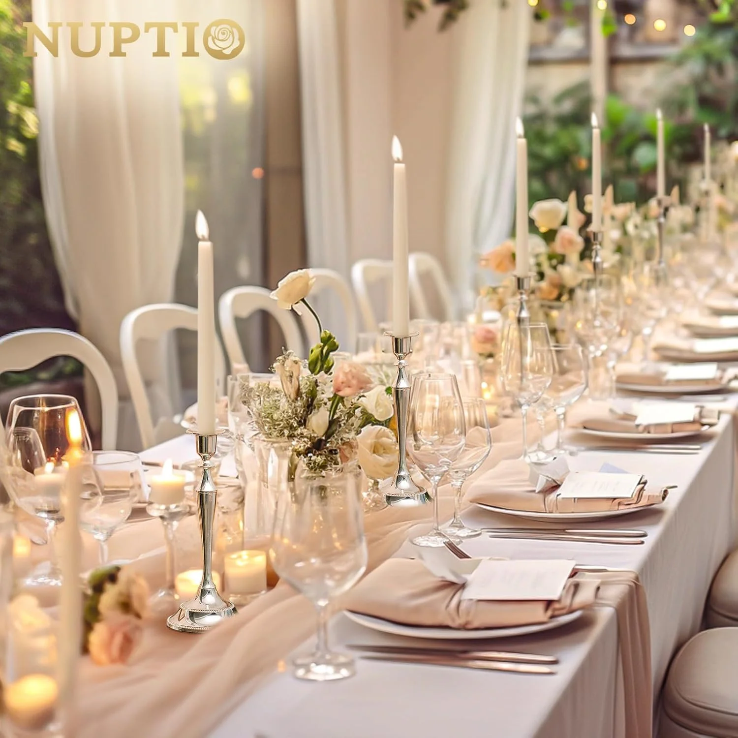 جاشمعی فلزی نوپتیو مدل Taper، بسته 2 عددی، جاشمعی رومیزی، دکوراسیون مدرن و وینتیج، مناسب میز، دکوراسیون کریسمس و سفره عقد (نقره ای)