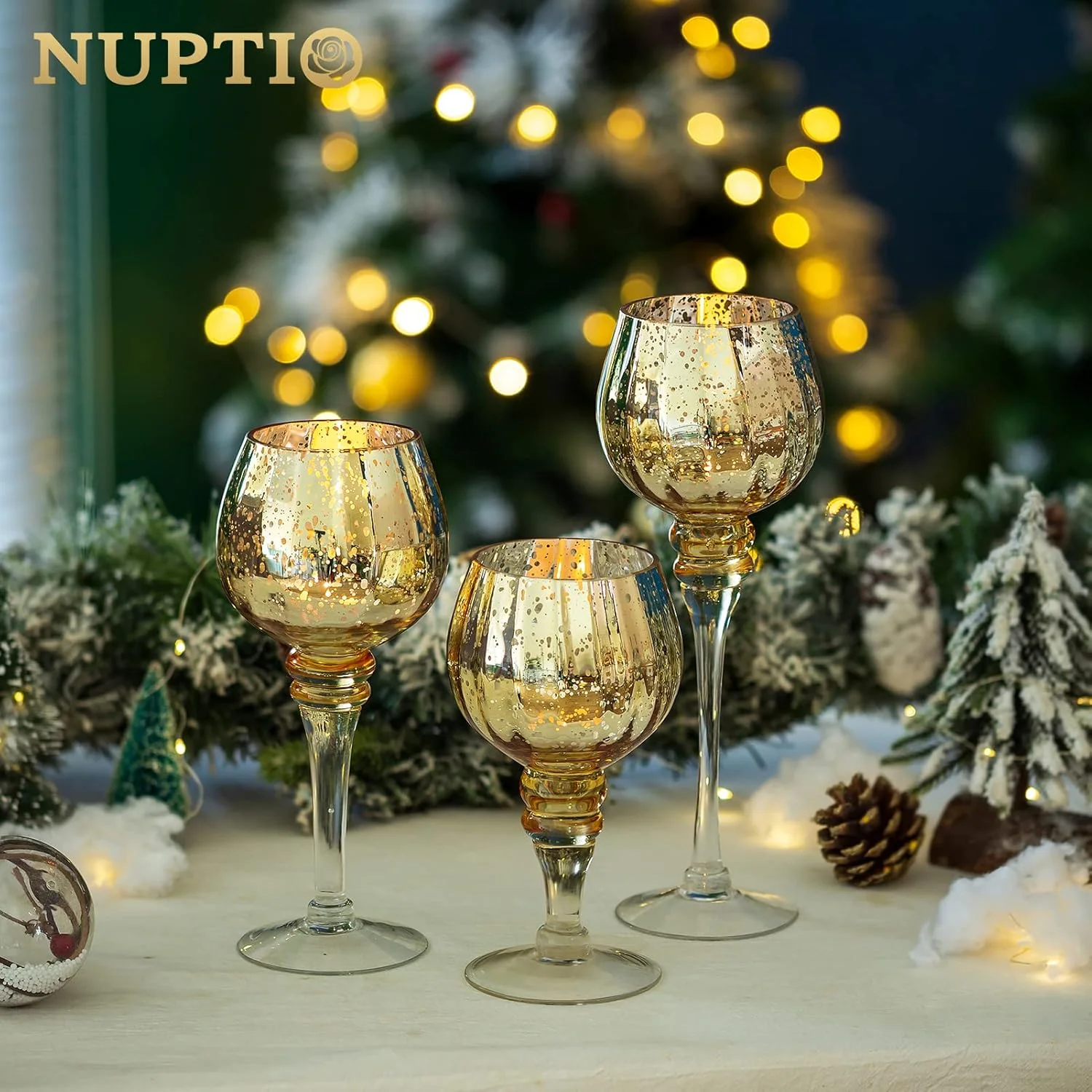 جاشمعی وارمر Nuptio، ست 3 عددی جاشمعی جیوه ای طلایی، جا شمعی شیشه ای وارمر عمده، جا شمعی تزئینی برای میز، دکوراسیون عروسی، مهمانی کریسمس، شکرگزاری، سالگرد